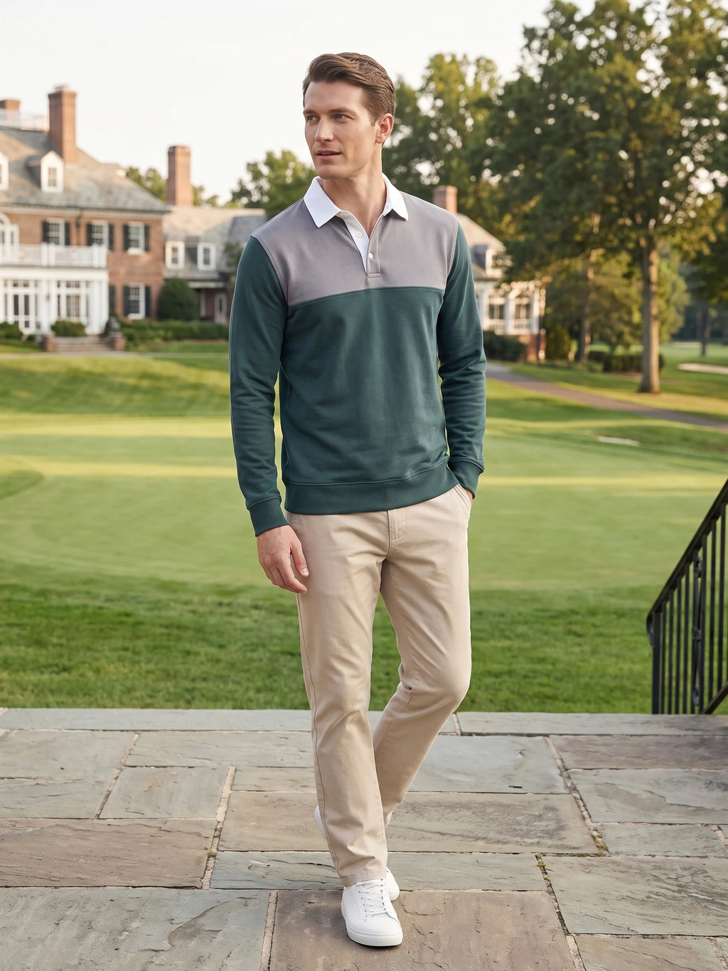 Model walking beside a manicured lawn in a Gray long sleeve polo with a contrasting panel and button collar.