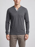Front studio view of a model wearing a Gray long sleeve Henley shirt with a two-button placket.