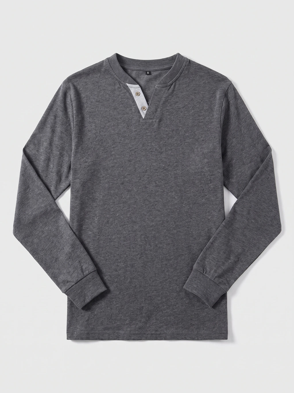 Gray long sleeve Henley shirt laid flat, featuring a two-button placket and ribbed collar and cuffs.
