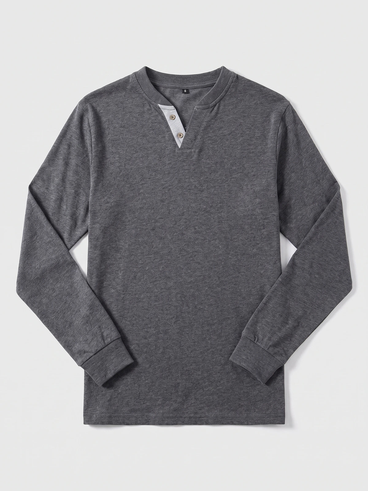 Gray long sleeve Henley shirt laid flat, featuring a two-button placket and ribbed collar and cuffs.