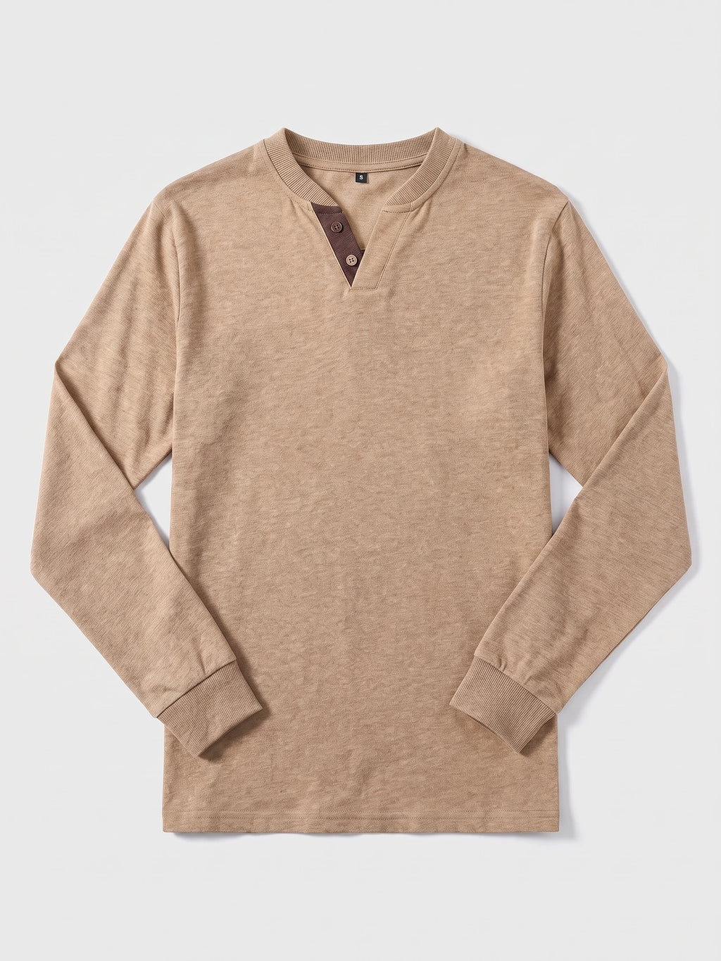 Khaki long sleeve Henley shirt laid flat, featuring a ribbed collar and cuffs with a two-button placket.