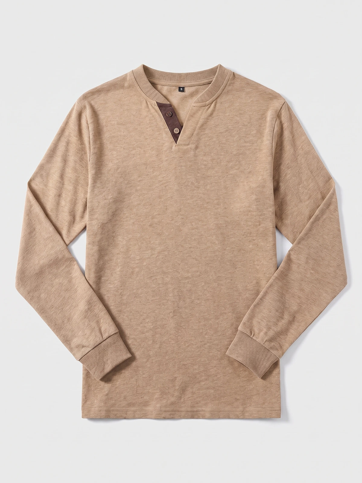 Khaki long sleeve Henley shirt laid flat, featuring a ribbed collar and cuffs with a two-button placket.