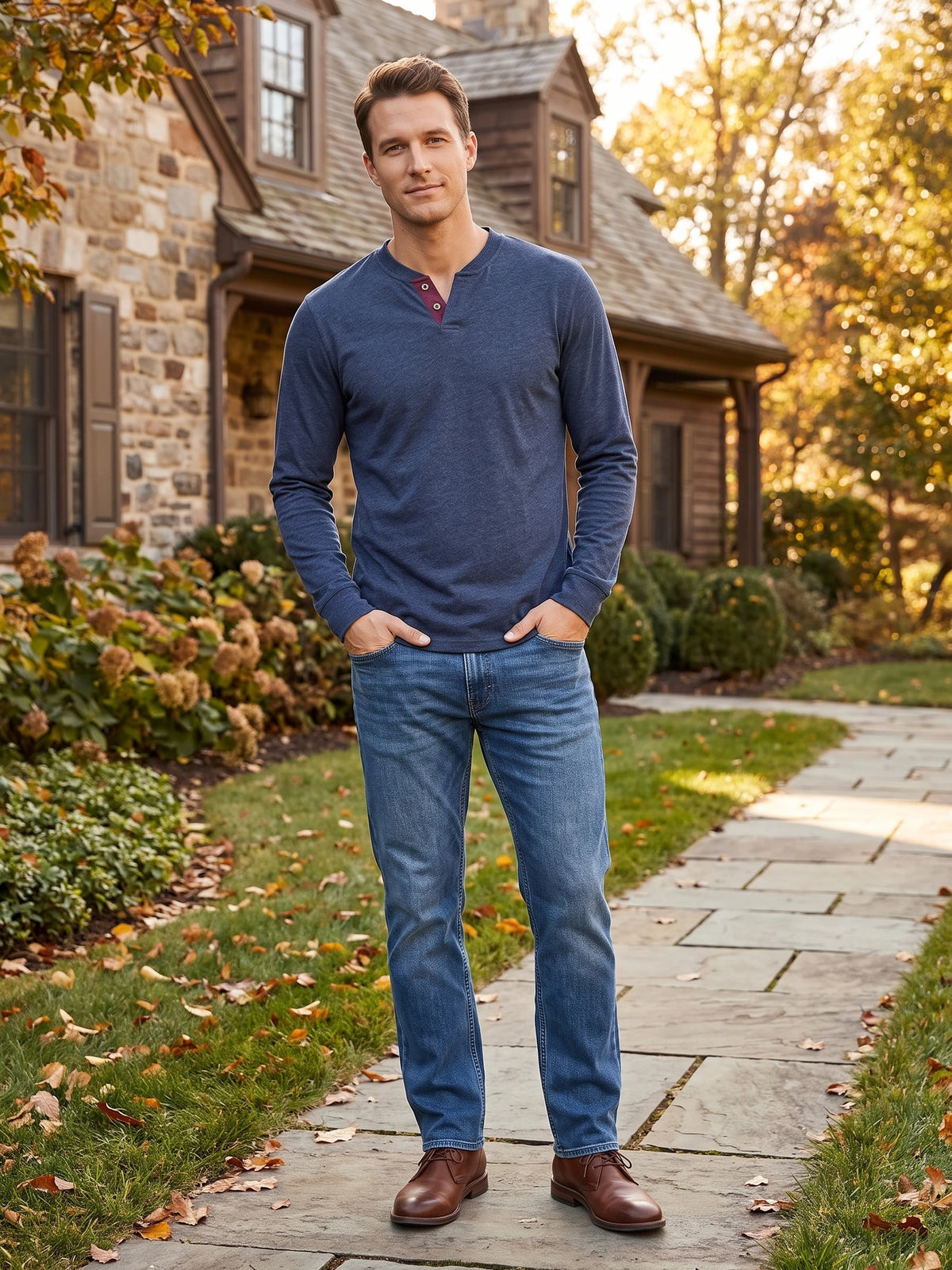 Model wearing a Navy long sleeve Henley shirt with a button placket while standing on a garden path outside a house.