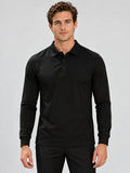 Front studio view of a model wearing a Black Long Sleeve Polo with a button placket and ribbed cuffs.