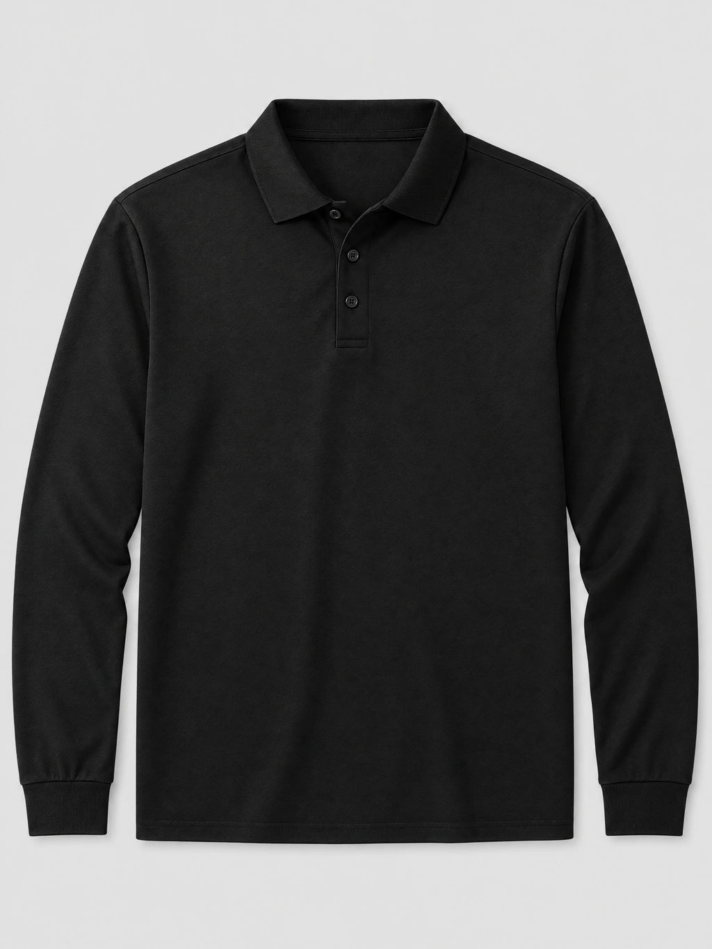 Black long sleeve polo shirt laid flat, featuring a ribbed collar, three-button placket, and ribbed cuffs.