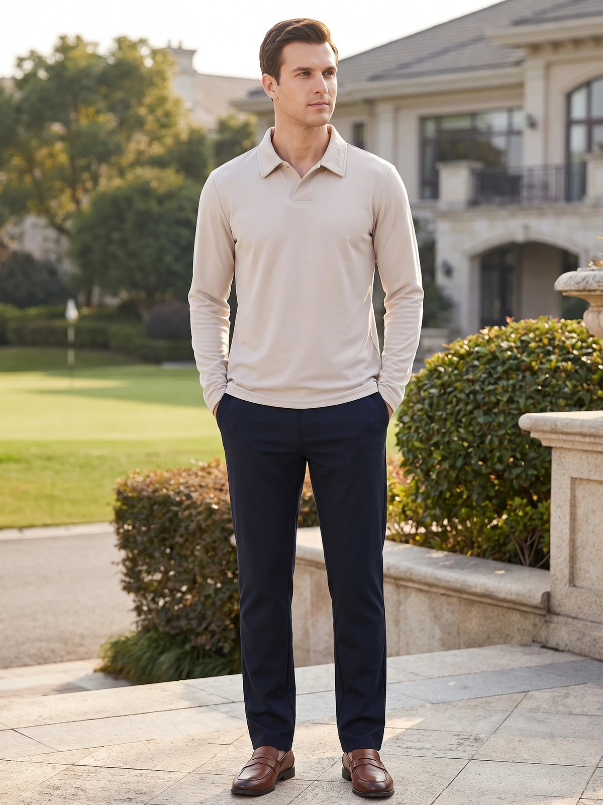 Model wearing a Beige long sleeve polo with a turn-down collar while standing on a landscaped residential patio.
