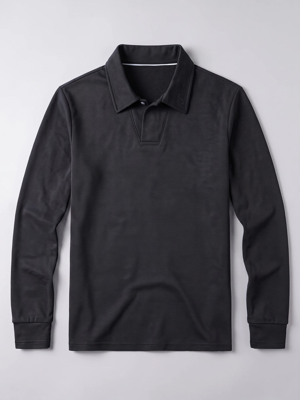 Black Long Sleeve Polo laid flat, showing the turn-down collar, button placket, and ribbed cuffs.