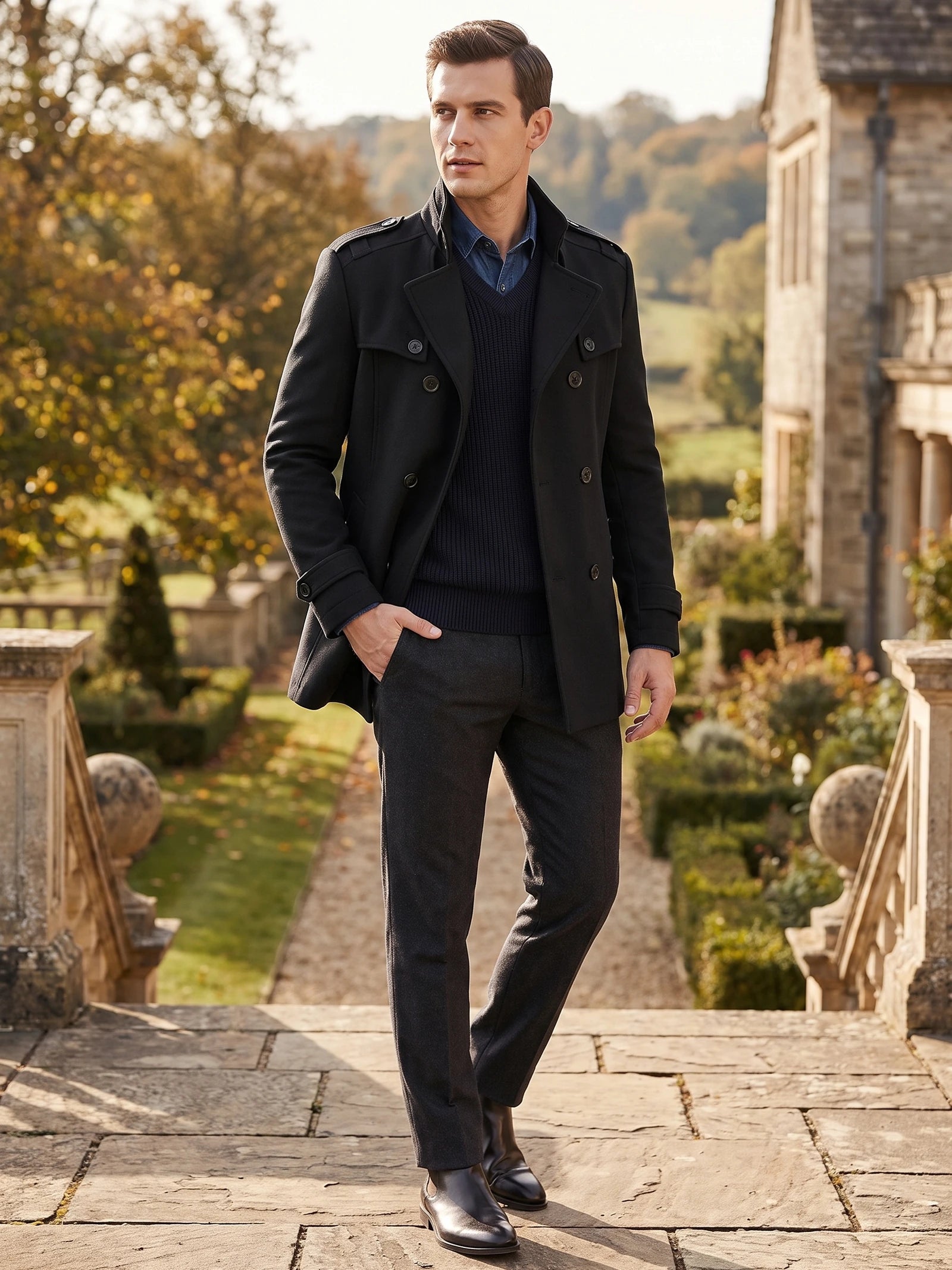 Man walking through a garden in a Black wool Overcoat with a double-breasted front and shoulder epaulets.