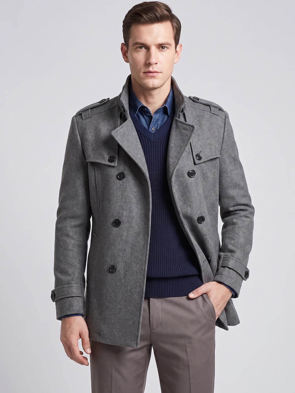 Front studio view of a model wearing a Gray wool overcoat with a double-breasted button front, stand collar, and shoulder tabs.