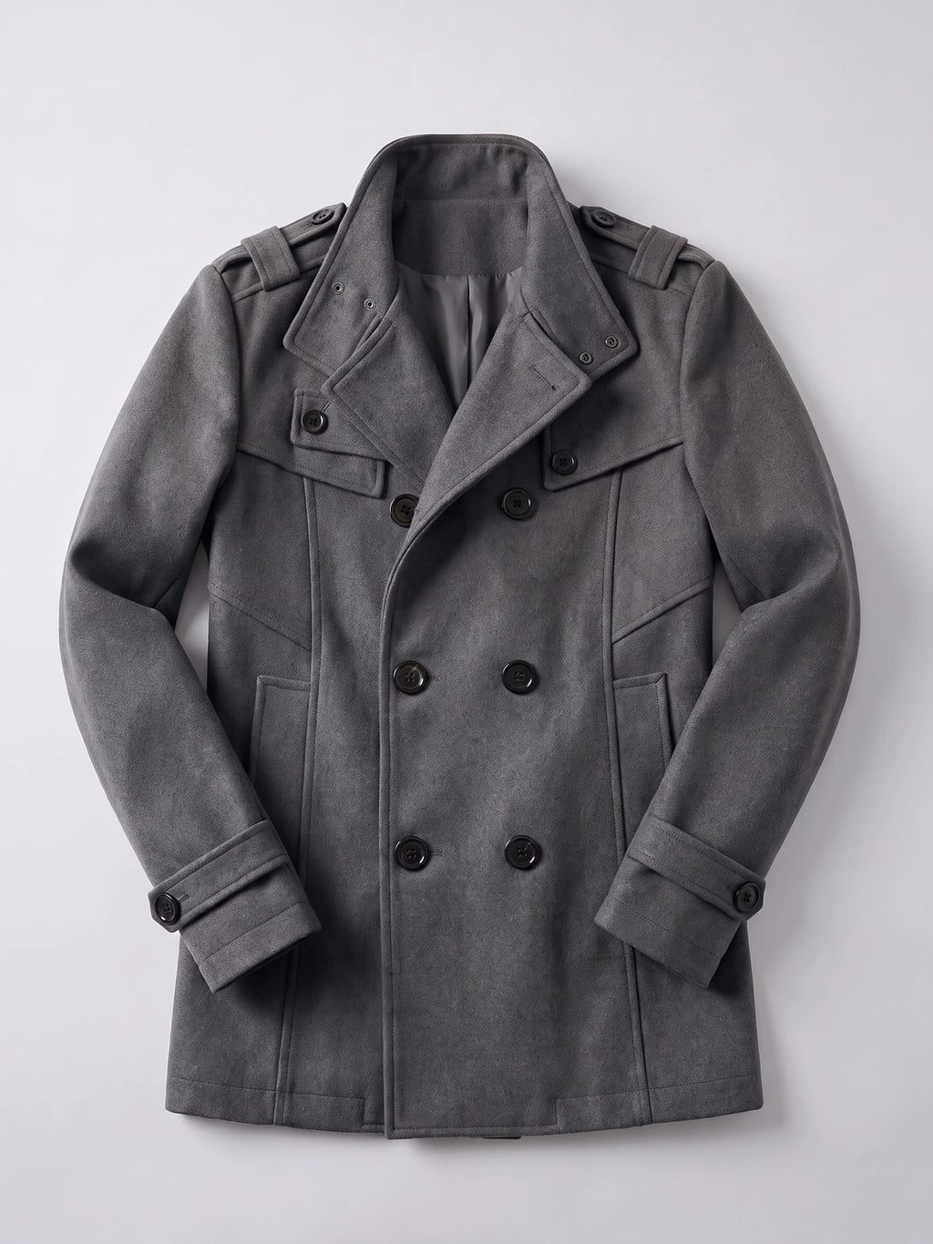 Gray wool men's overcoat laid flat, featuring a double-breasted button front, wide collar, shoulder tabs, and belted cuffs.