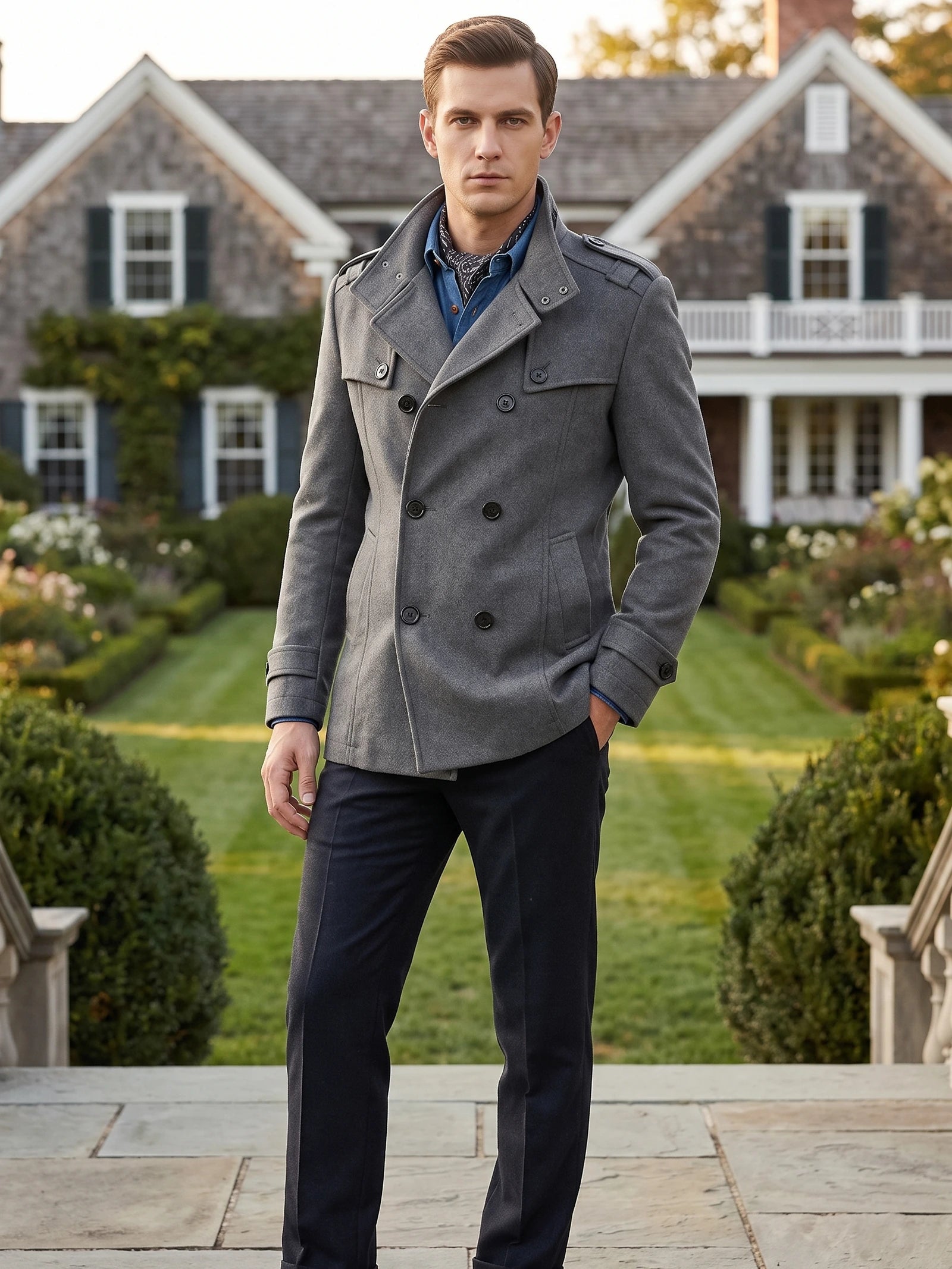 Man wearing a Gray wool double-breasted overcoat with a wide collar and cuff tabs on a garden walkway outside a house.
