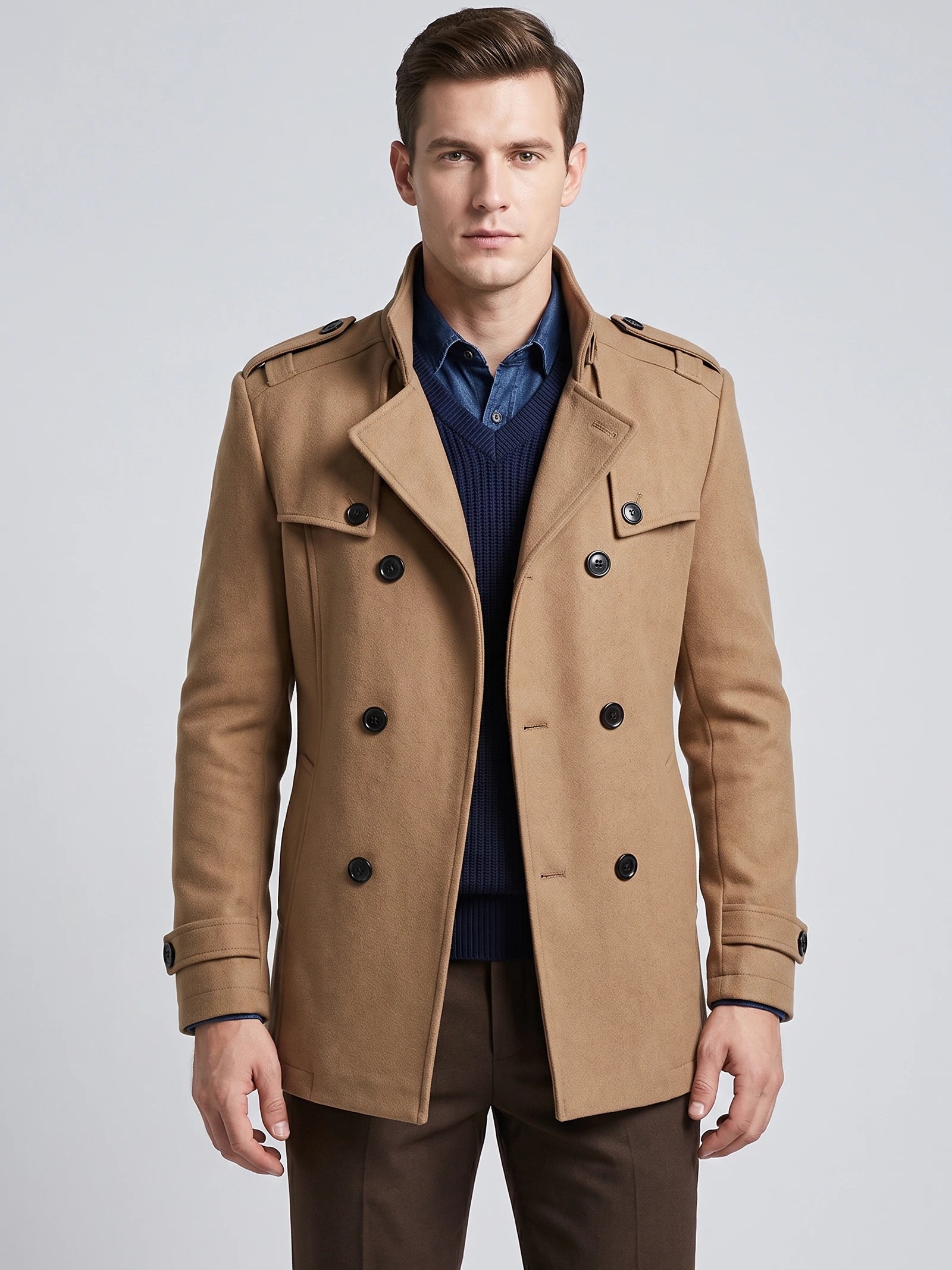 Model wearing a Khaki wool overcoat in a front studio view, featuring a double-breasted button front, notched lapels, and shoulder tabs.