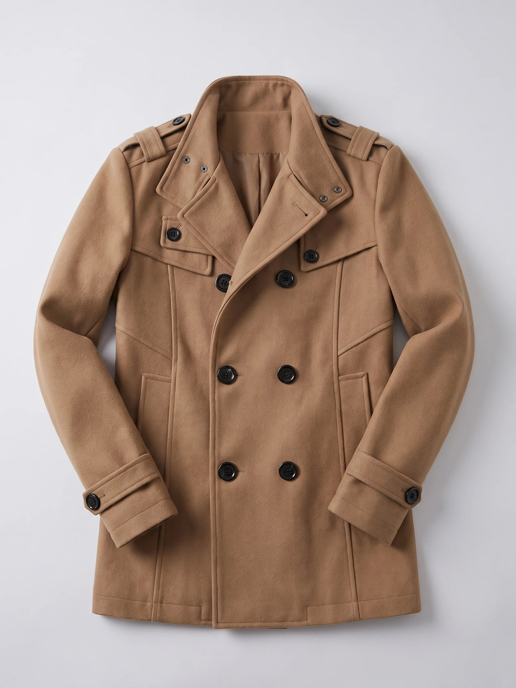 Khaki wool overcoat laid flat, featuring a double-breasted front, wide lapels, shoulder tabs, and belted cuffs.