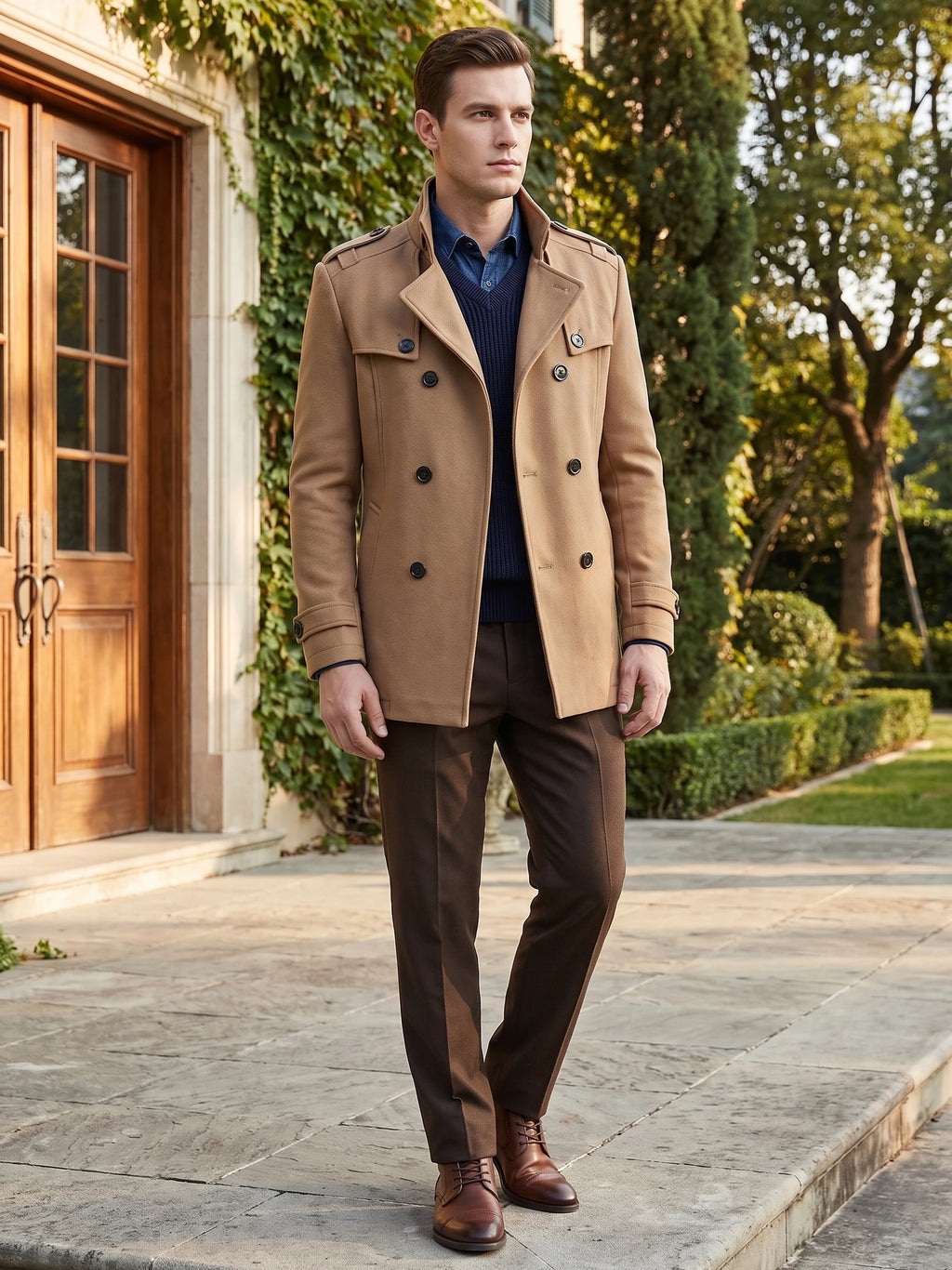 Man walking outside a vine-covered building in a Khaki wool overcoat with a double-breasted front and stand collar.