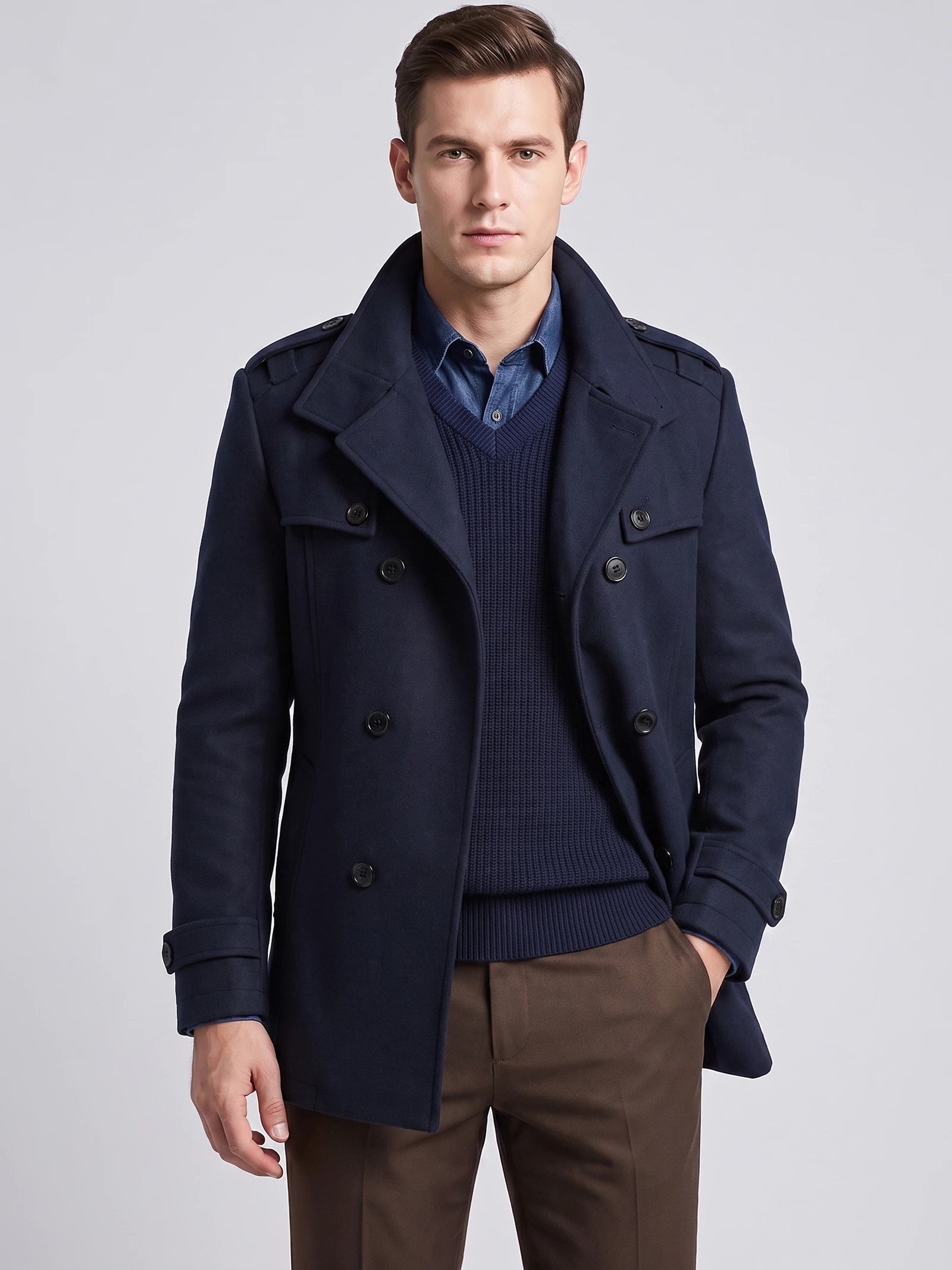 Front studio view of a model wearing a Navy wool overcoat with double-breasted buttons, wide lapels, shoulder tabs, and cuff straps.