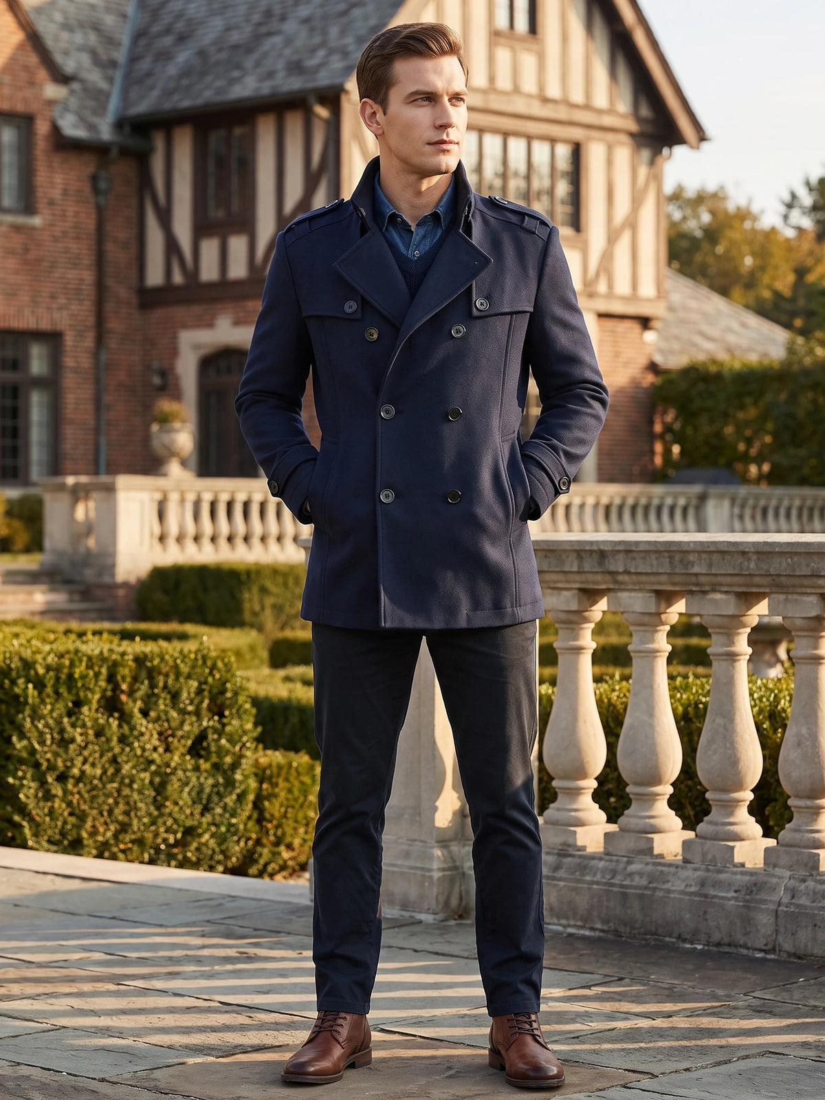 Model wearing a Navy wool overcoat with a double-breasted front and high collar outside a house.