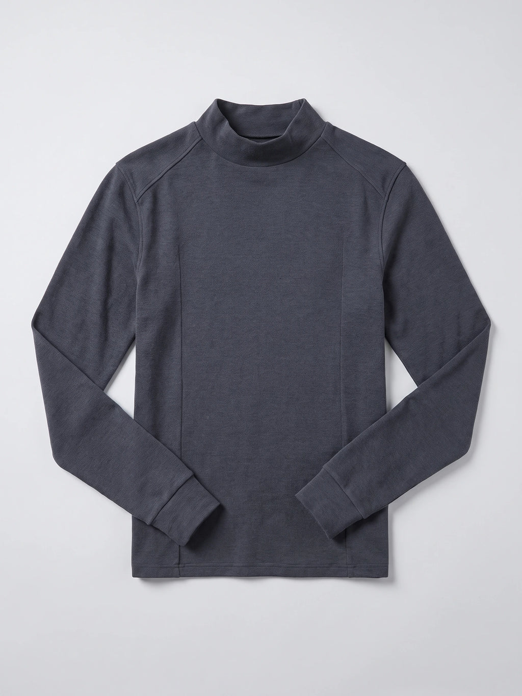 Gray men’s mock neck sweater laid flat, featuring long sleeves, ribbed cuffs, and paneled shoulder seams.