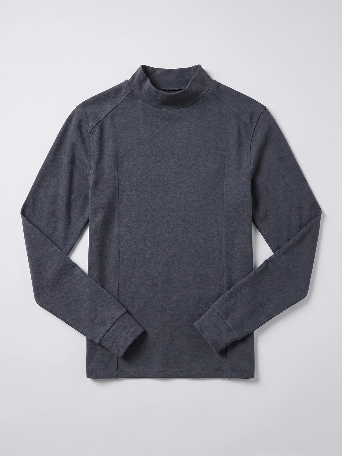 Gray men’s mock neck sweater laid flat, featuring long sleeves, ribbed cuffs, and paneled shoulder seams.