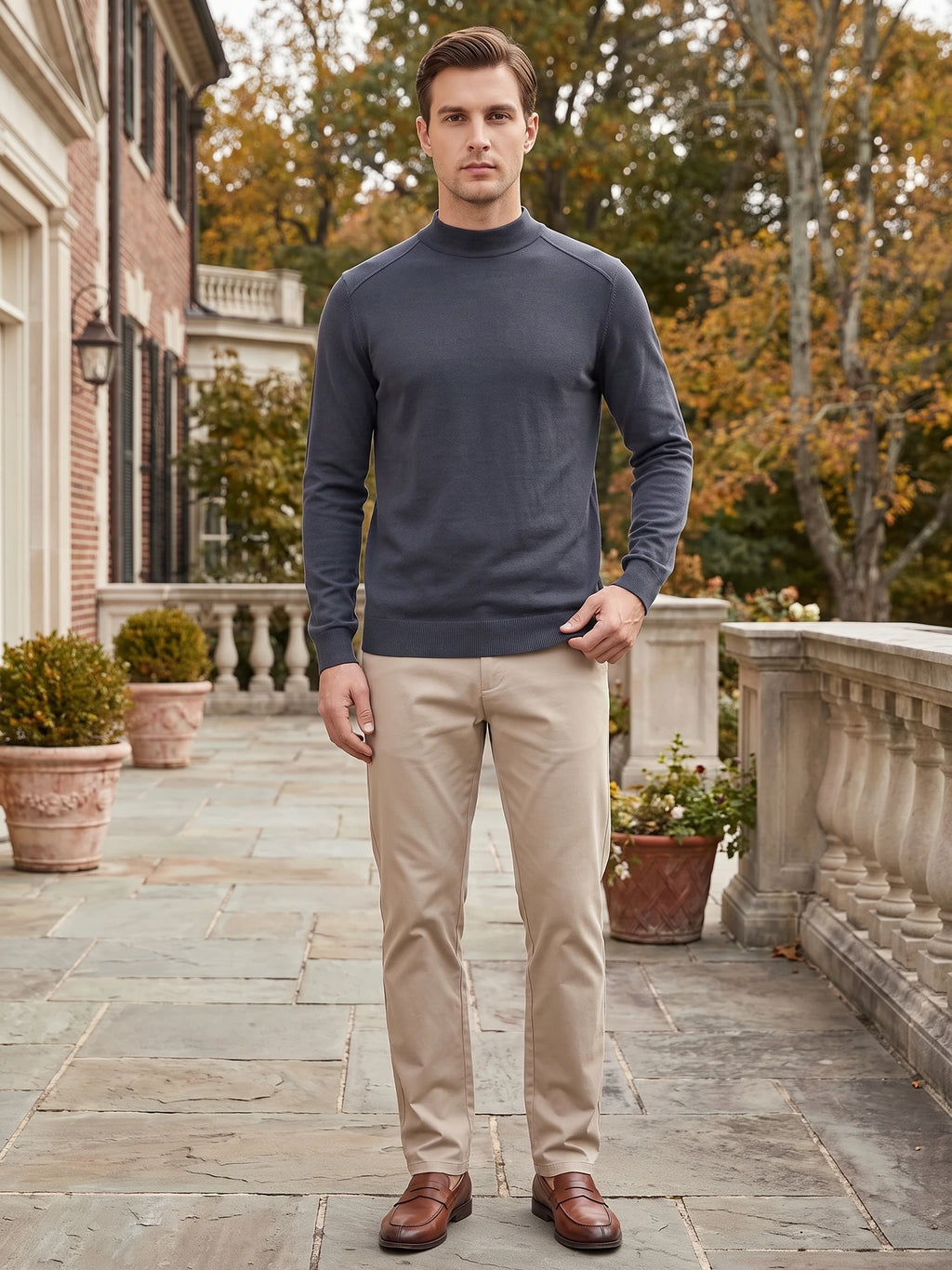 Model wearing a Gray mock neck sweater on a stone terrace beside a brick home and autumn trees.