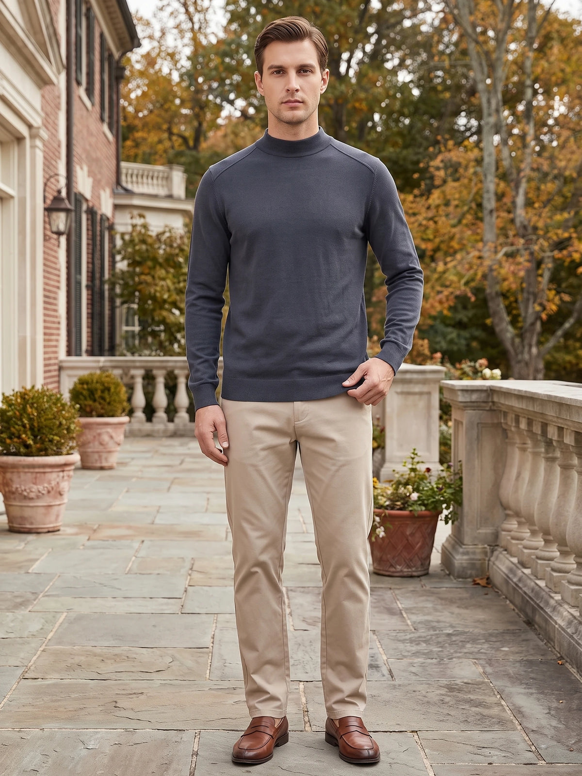 Model wearing a Gray mock neck sweater on a stone terrace beside a brick home and autumn trees.
