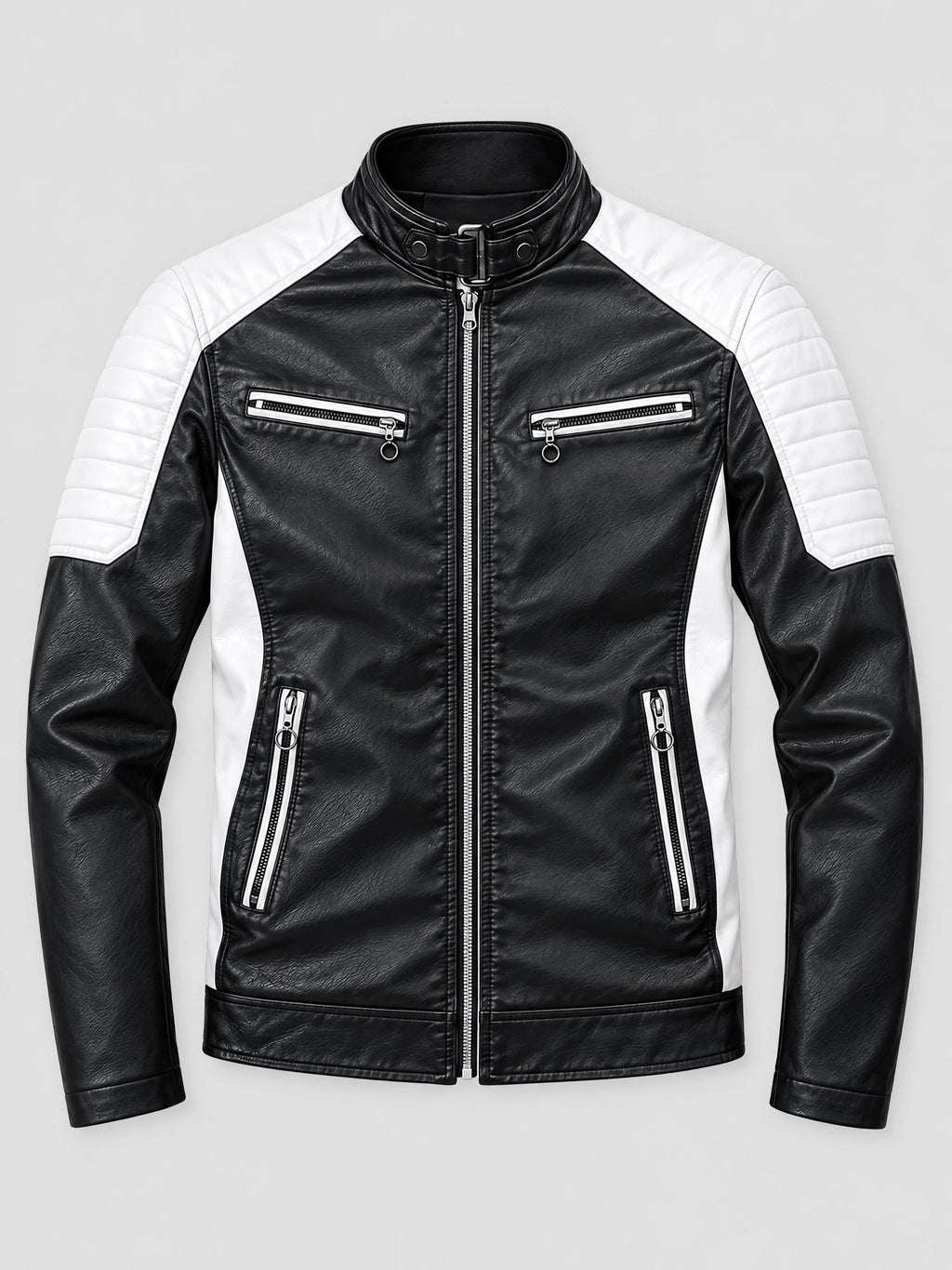 Black Moto Leather Jacket laid flat with a buckled stand collar, front zipper, and zippered pockets.