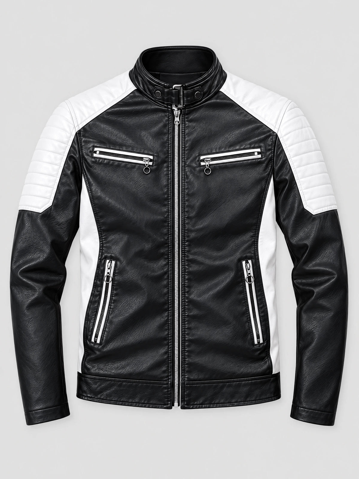 Black Moto Leather Jacket laid flat with a buckled stand collar, front zipper, and zippered pockets.