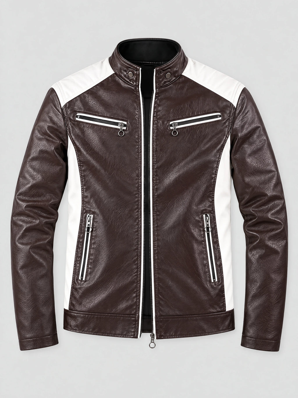 Brown Moto Leather Jacket laid flat, featuring a stand collar, front zipper, and zippered chest and side pockets.