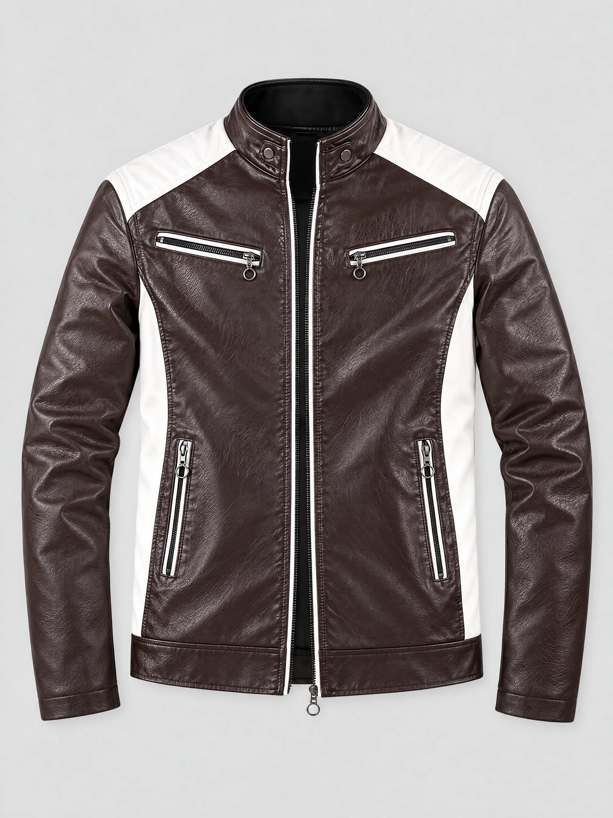 Brown Moto Leather Jacket laid flat, featuring a stand collar, front zipper, and zippered chest and side pockets.