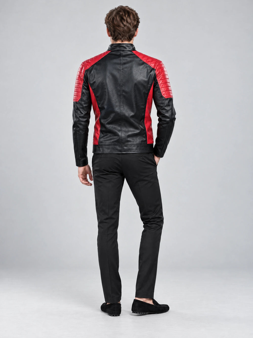 Rear studio view of a model wearing a Red Moto Leather Jacket with quilted shoulder panels and contrast side inserts.