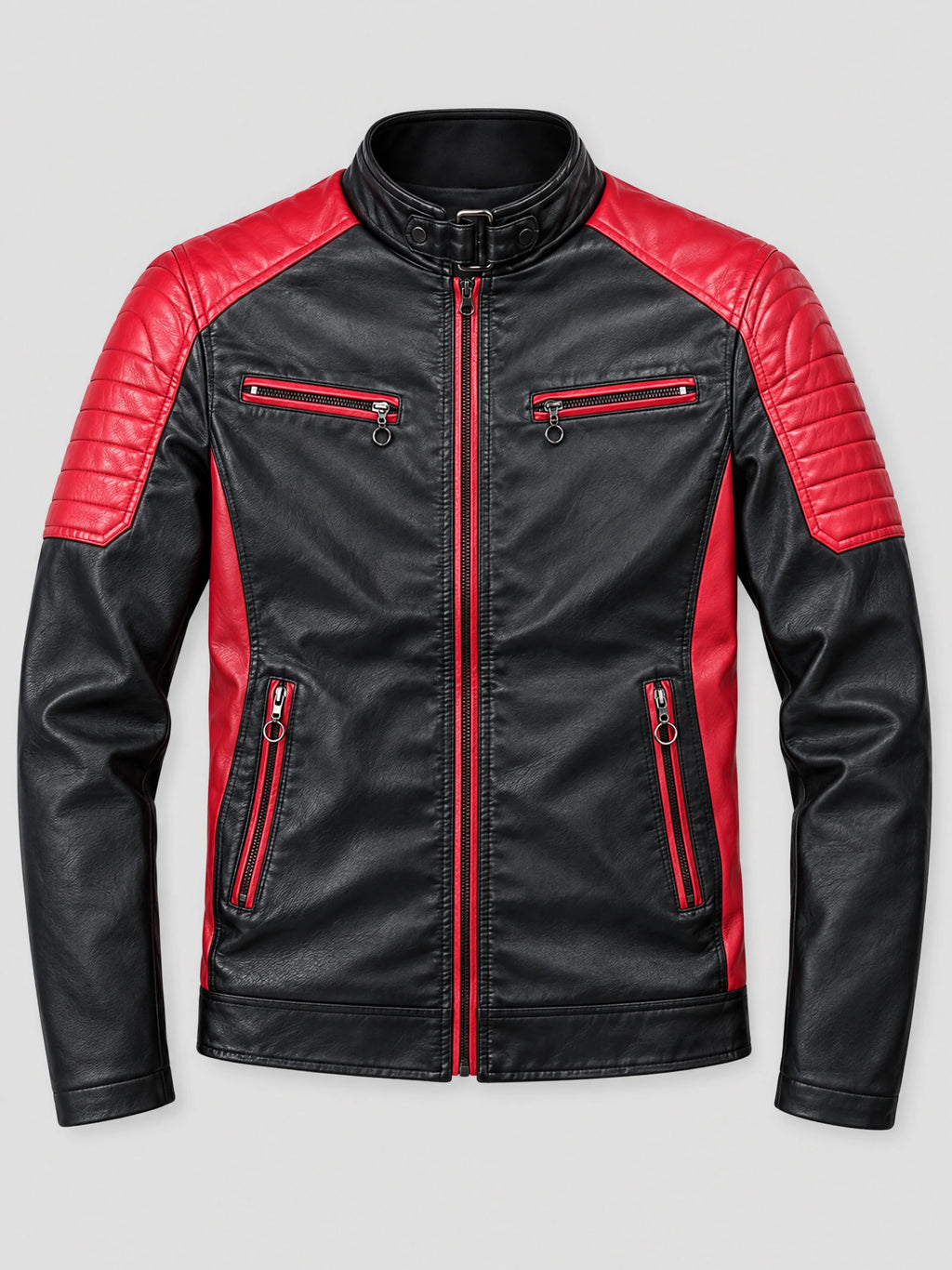 Red Moto Leather Jacket laid flat, featuring quilted shoulder panels, a buckled stand collar, and zippered chest and side pockets.