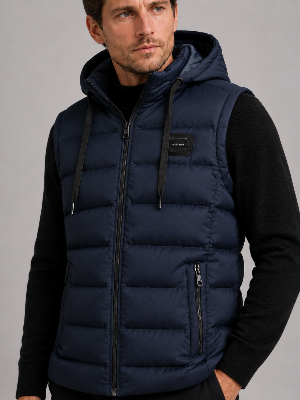Close-up of a navy hooded puffer vest showing the cotton padding, thick insulation, zipper closure, hood, pockets, armholes, and stitching details