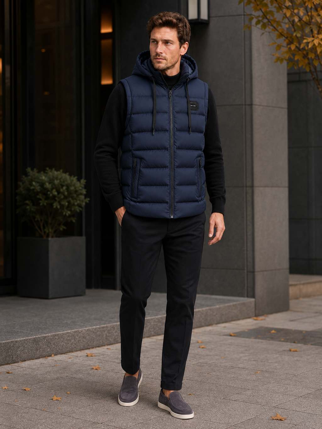 Man wearing a navy hooded puffer vest in a casual fall winter outfit for outdoor and everyday wear