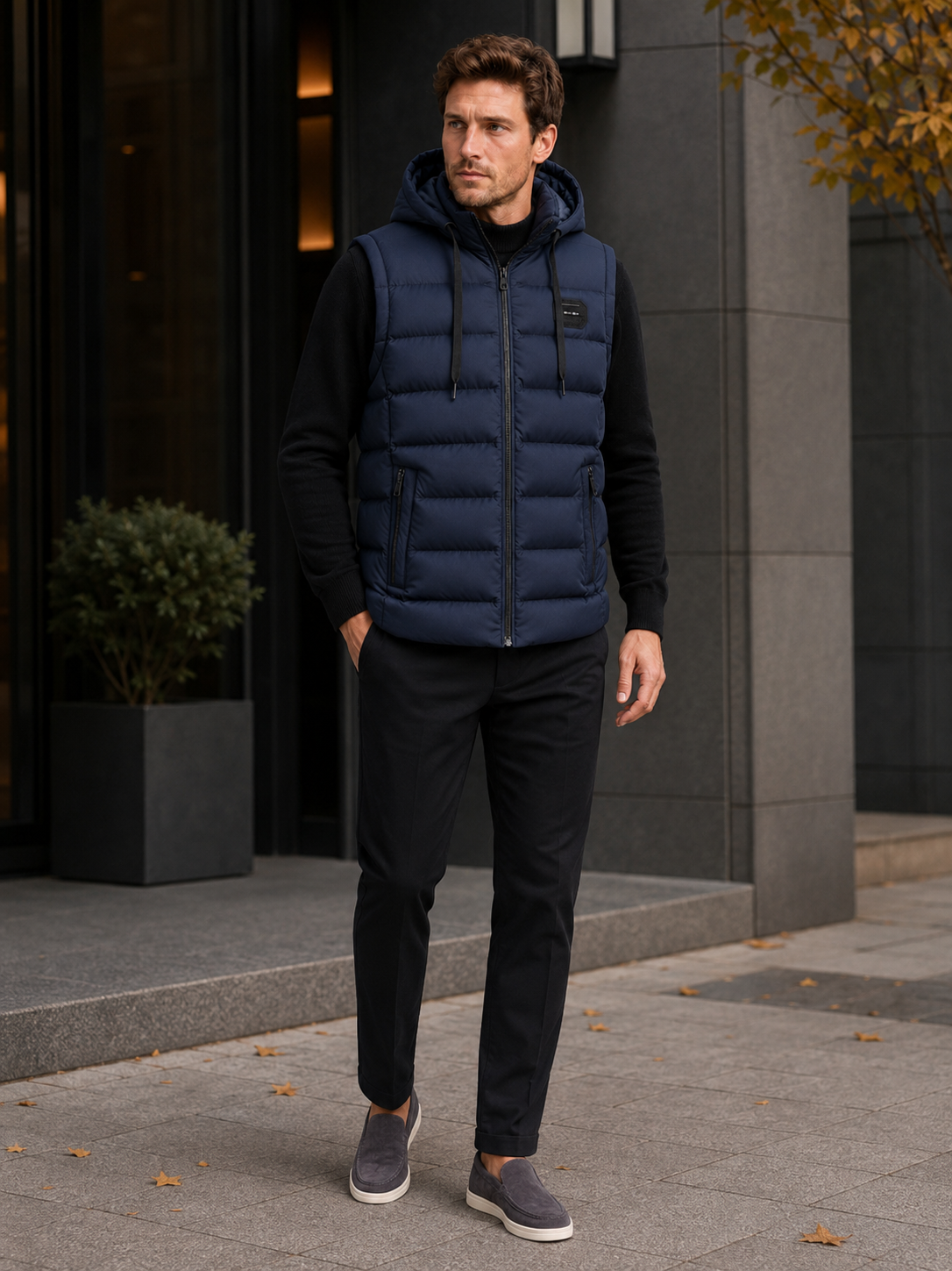 Man wearing a navy hooded puffer vest in a casual fall winter outfit for outdoor and everyday wear