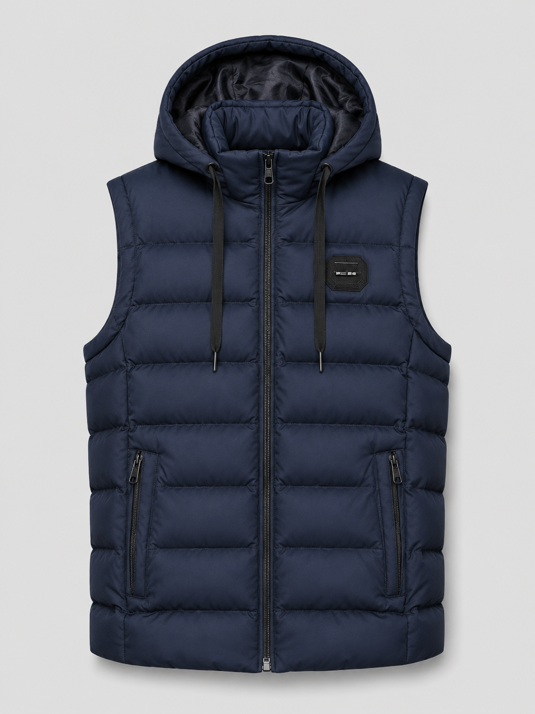 Navy men’s hooded cotton padded puffer vest with a thick warm design displayed on a plain background