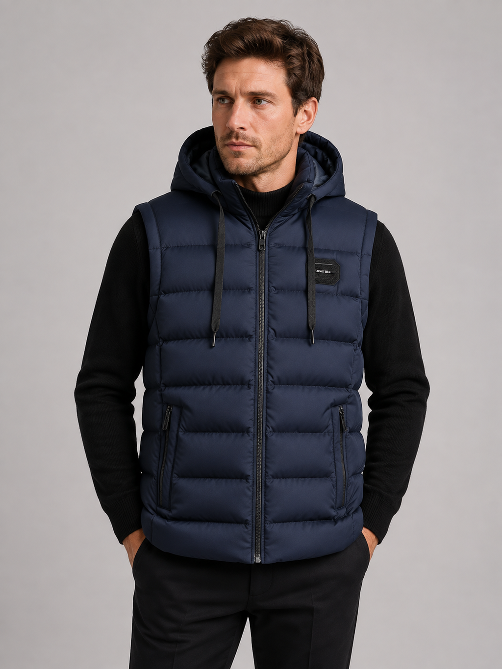 Front view of a man wearing a navy hooded puffer vest with cotton padding, thick insulation, sleeveless design, and full zip front