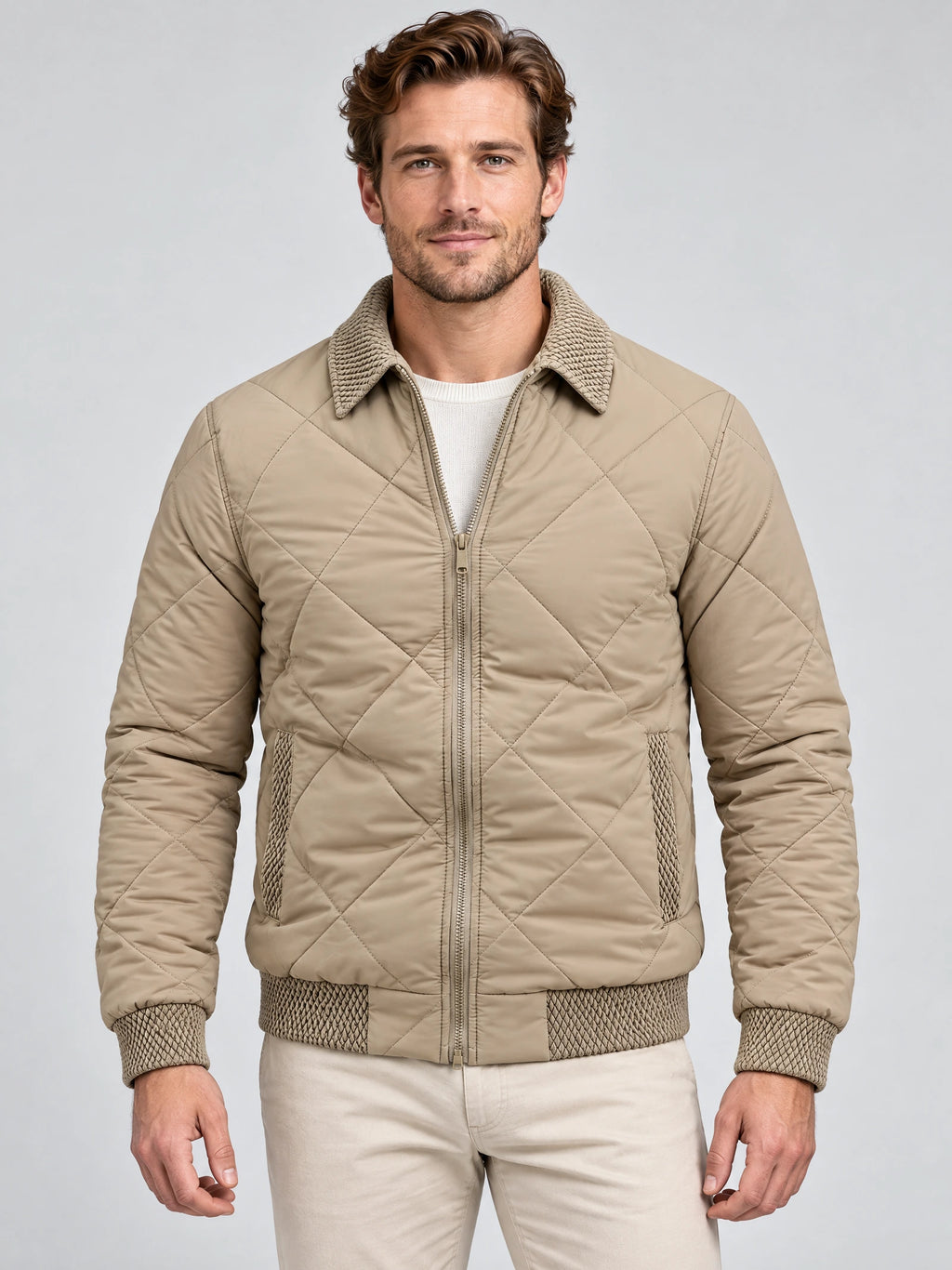 Front studio view of a model wearing a Beige Men Padded Lapel Jacket with diamond quilting, zip closure, and textured collar and cuffs.