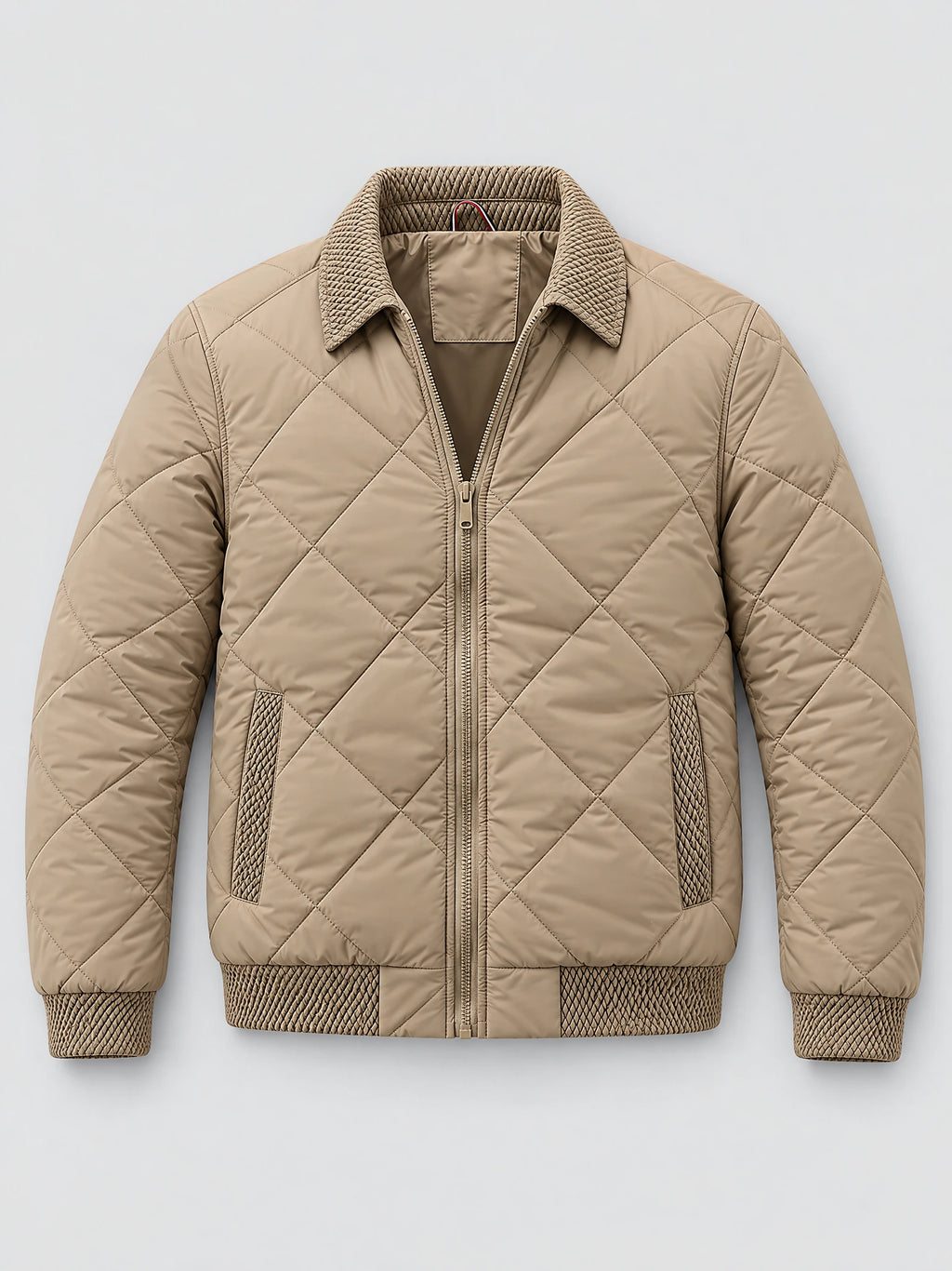 Beige Men Padded Lapel Jacket laid flat, featuring diamond quilting, a front zipper, textured lapel collar, and ribbed cuffs and hem.