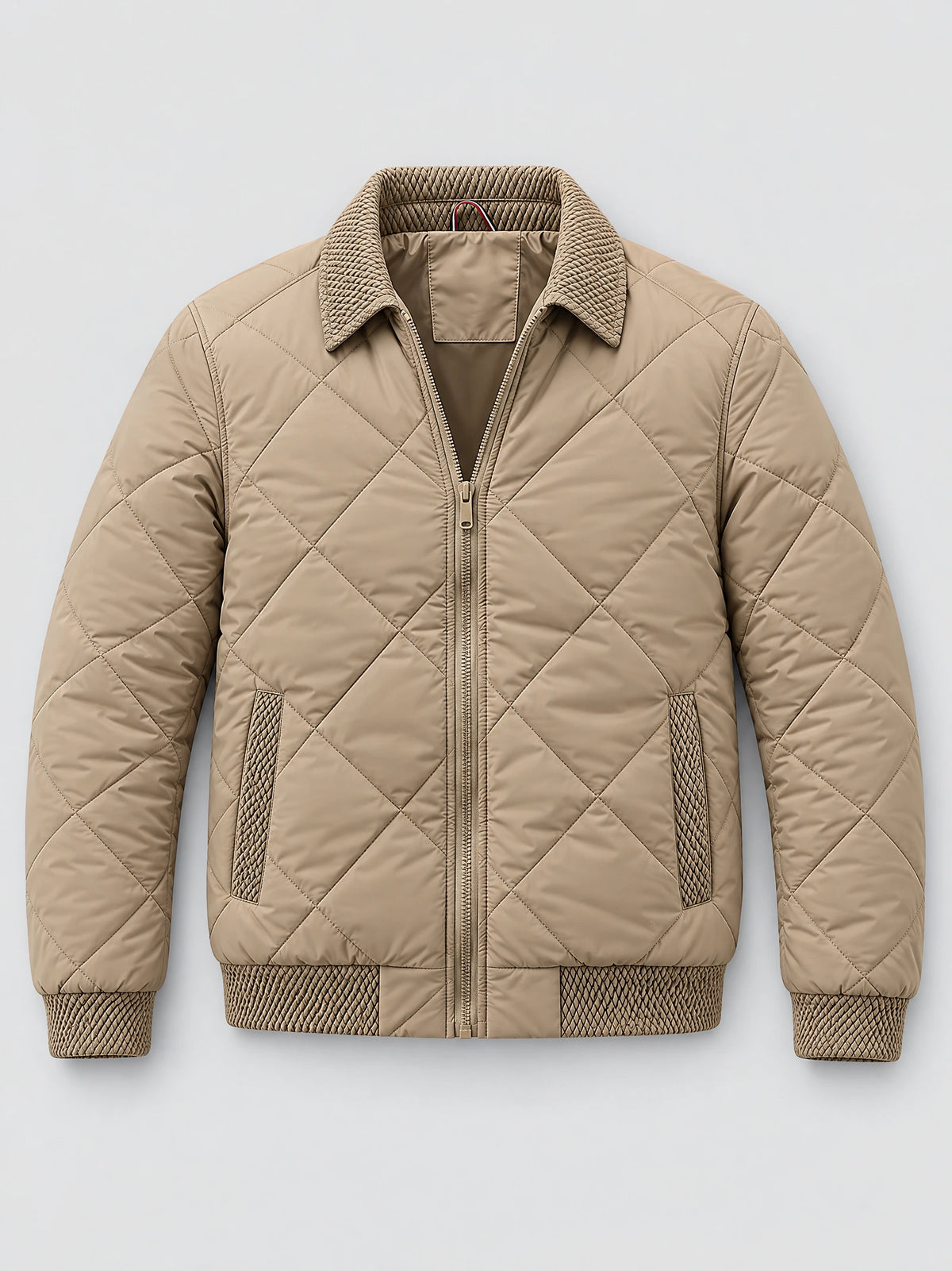 Beige Men Padded Lapel Jacket laid flat, featuring diamond quilting, a front zipper, textured lapel collar, and ribbed cuffs and hem.