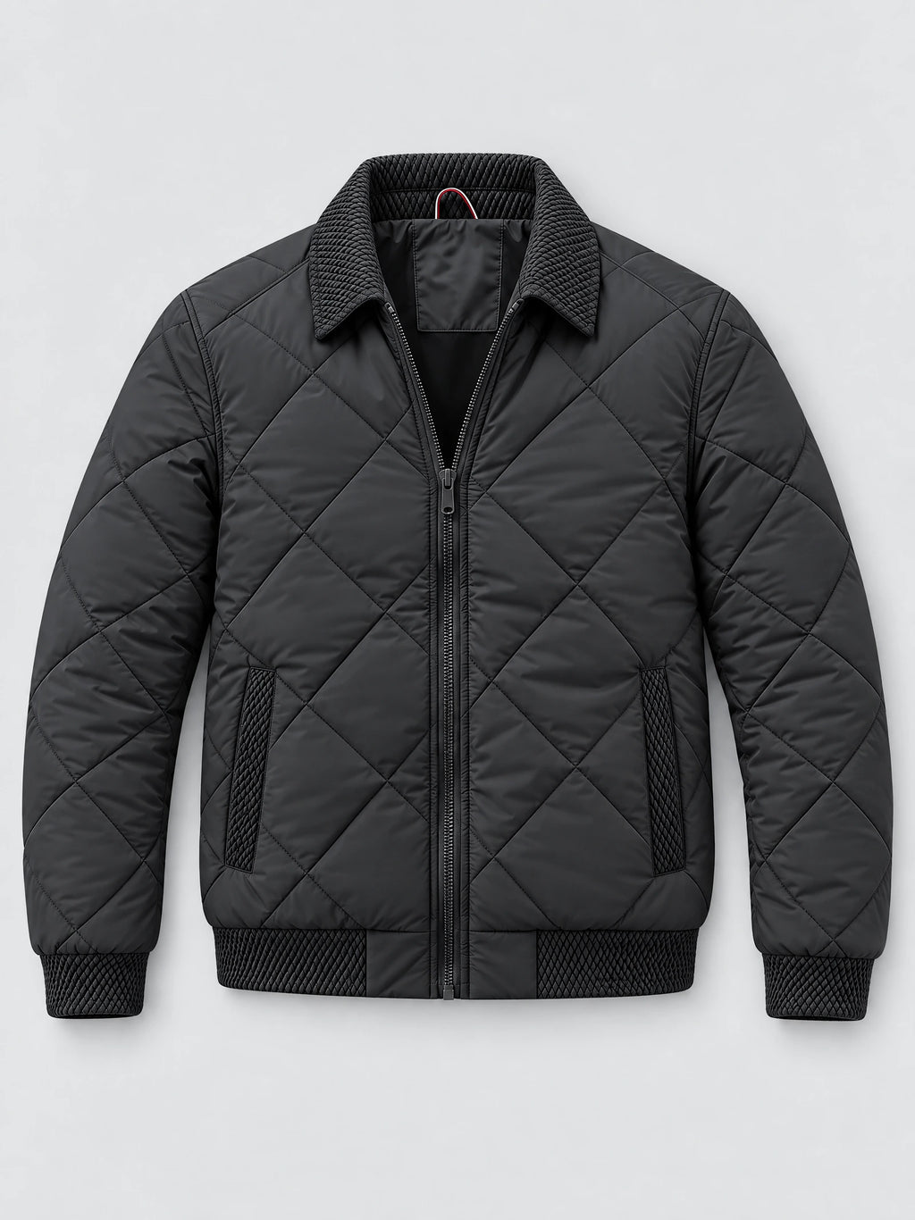 Black men’s padded lapel jacket laid flat, featuring diamond quilting, a front zipper, and textured collar, cuffs, and pocket trims.