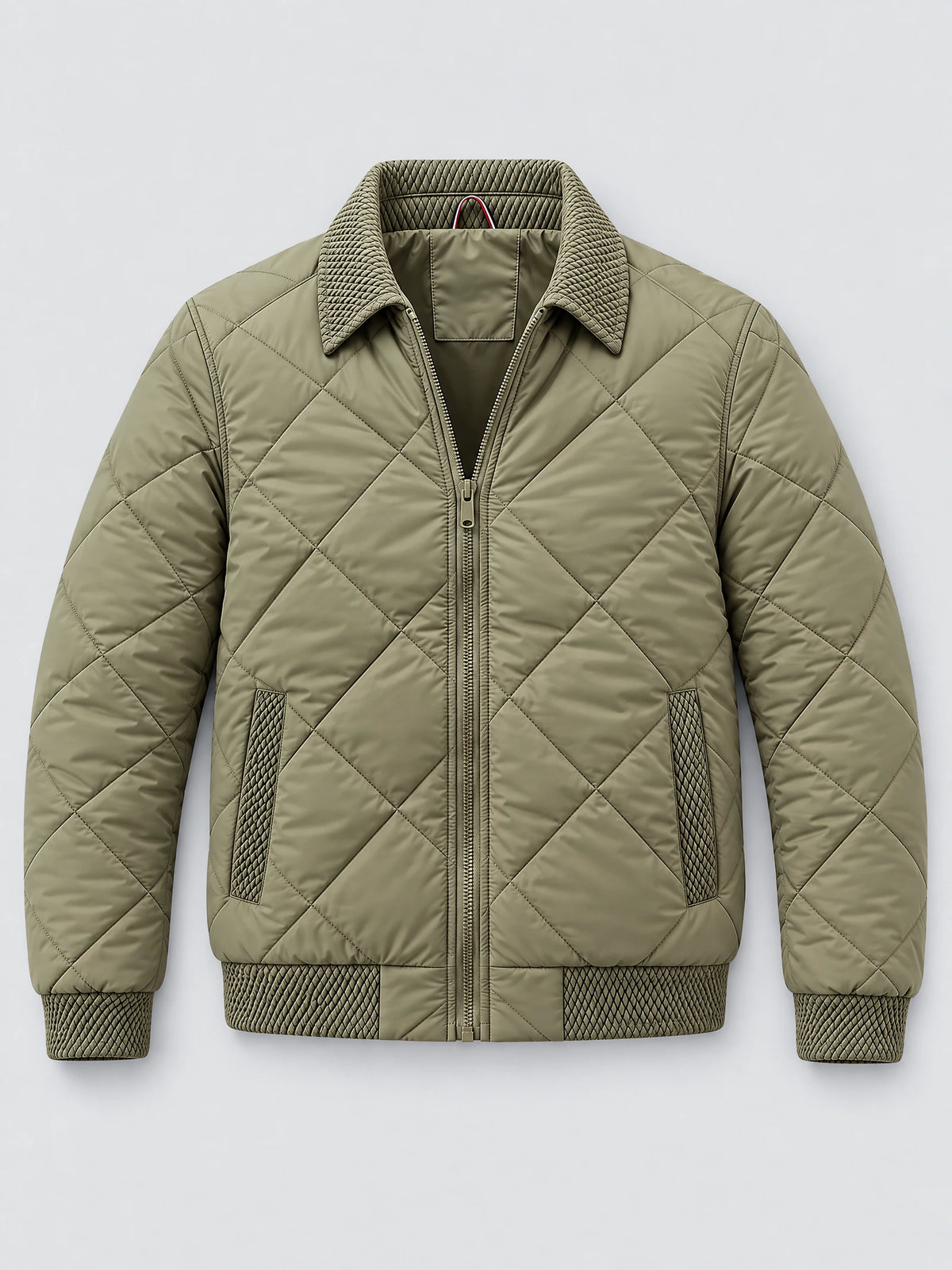 Green men’s padded lapel jacket laid flat, featuring diamond quilting, a front zipper, textured collar and ribbed cuffs.
