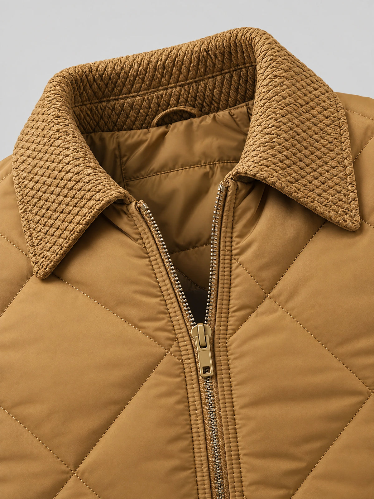 Khaki Men Padded Lapel Jacket detail showing the textured lapel, quilted panels, and front zipper.