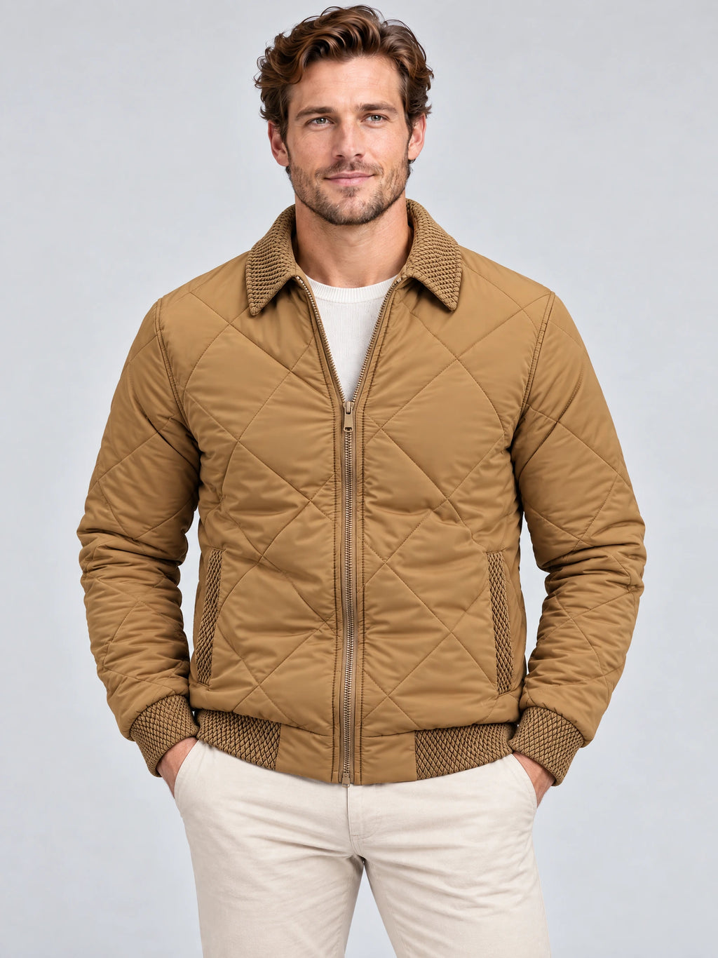Front studio view of a model wearing a Khaki Men Padded Lapel Jacket with diamond quilting, a zip front, and textured lapel, cuffs, and pocket trim.