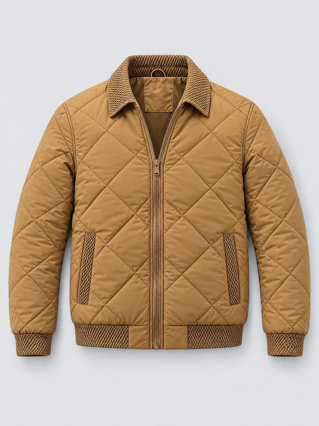 Khaki men’s padded lapel jacket laid flat, featuring diamond quilting, a front zipper, and textured collar, cuffs, and pocket trim.