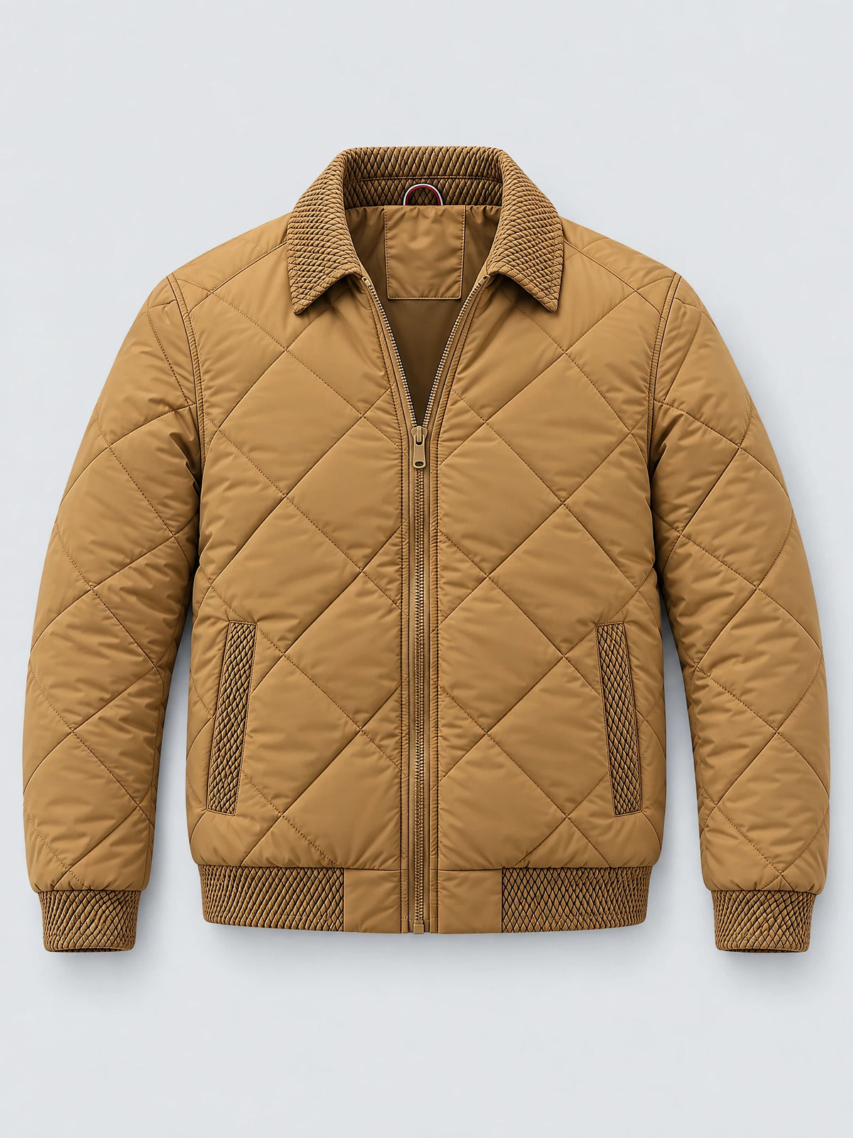Khaki men’s padded lapel jacket laid flat, featuring diamond quilting, a front zipper, and textured collar, cuffs, and pocket trim.