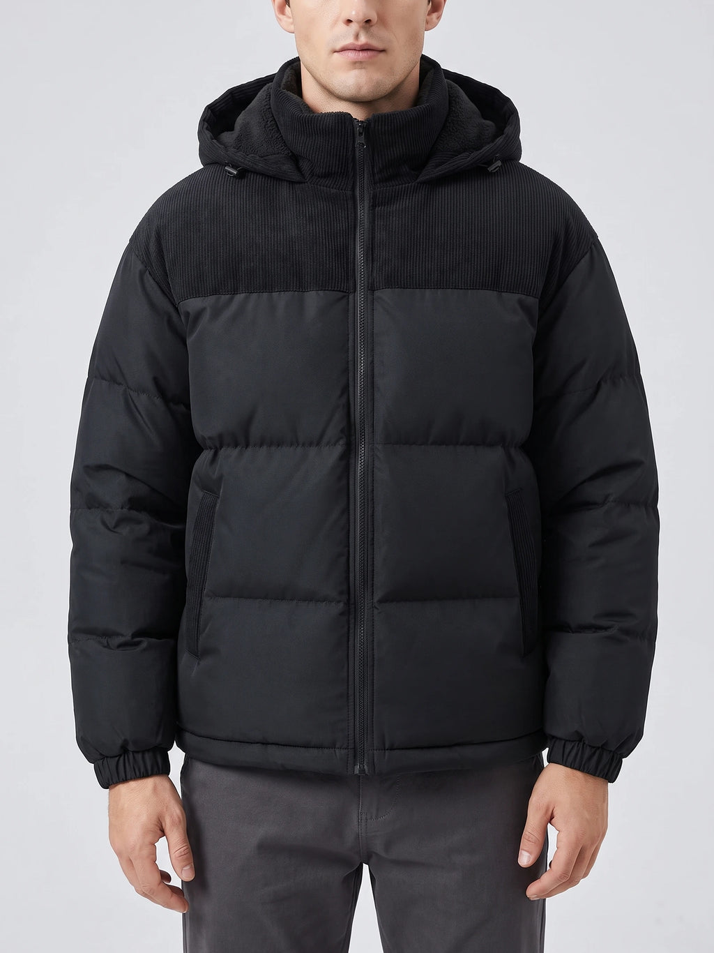 Front studio view of a model wearing a Black padded puffer jacket with a zip front, hood, ribbed upper panel, and side pockets.