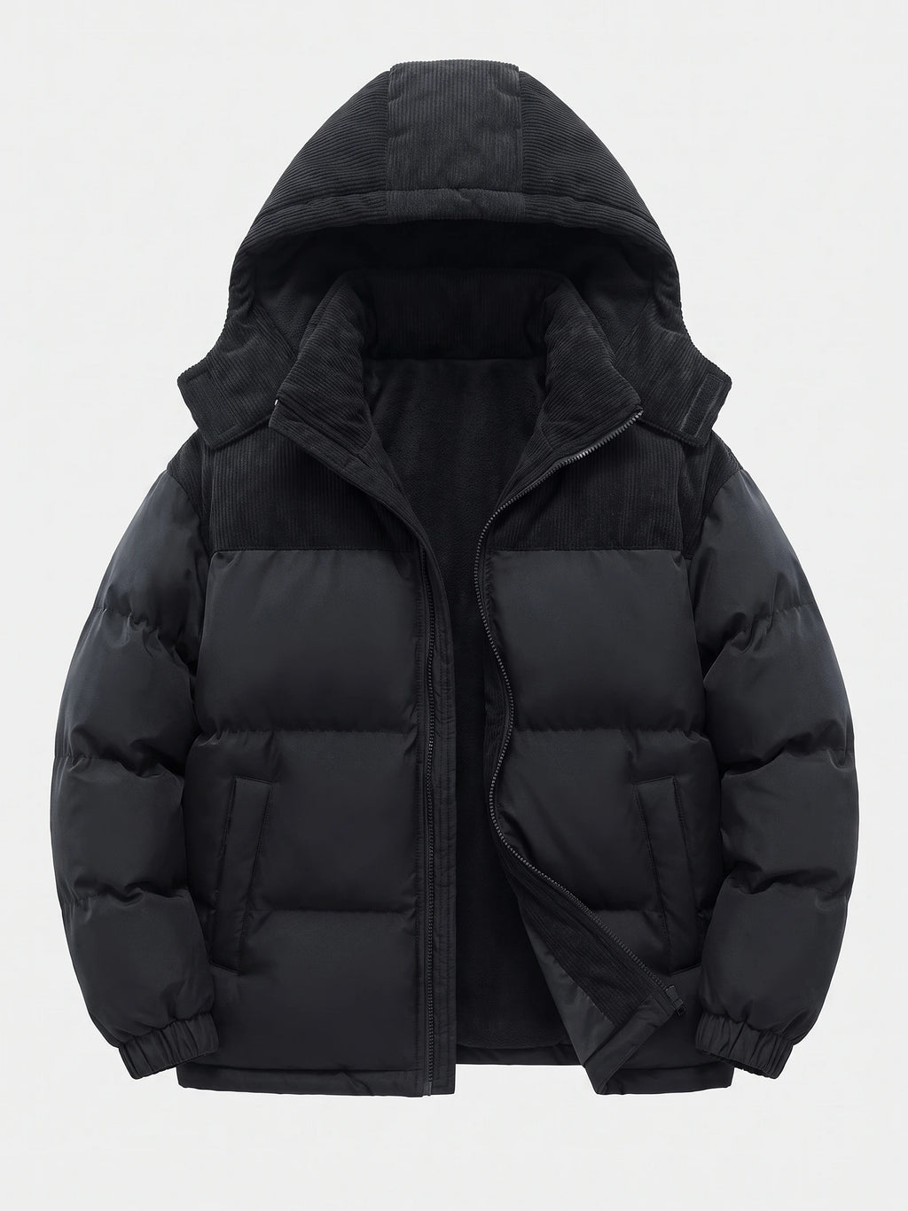 Black padded puffer jacket laid flat with an open hood, fleece-lined interior, zip front, and quilted sleeves.