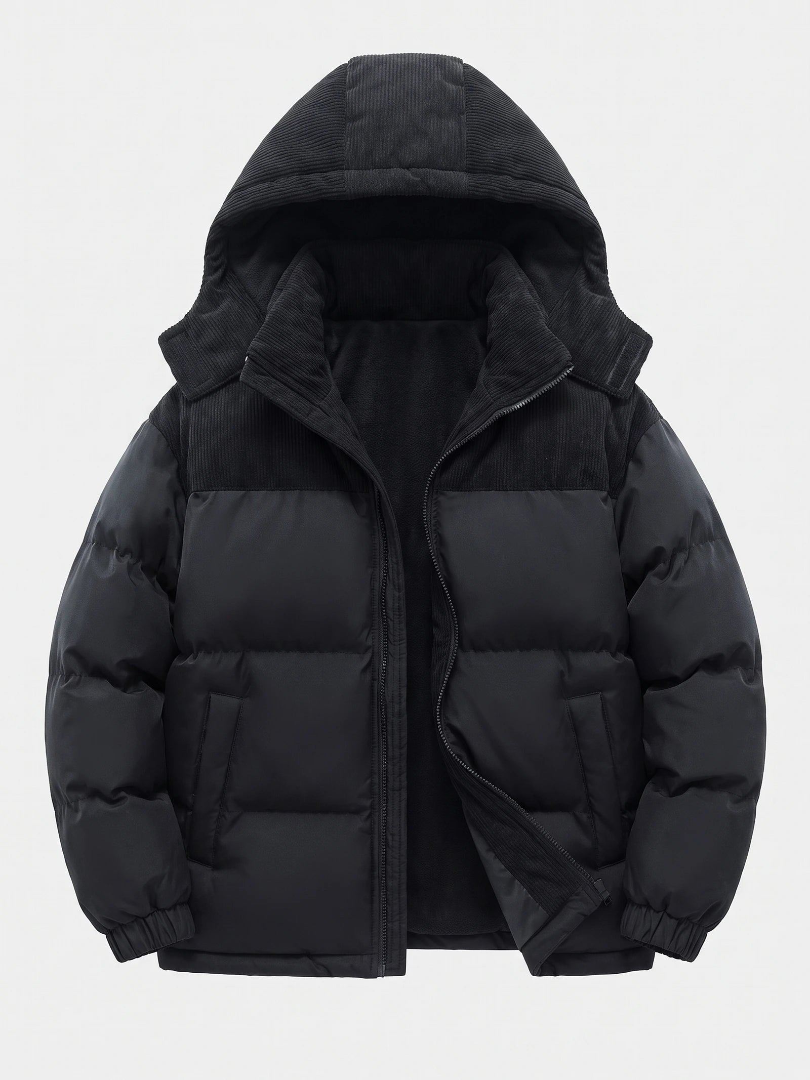 Black padded puffer jacket laid flat with an open hood, fleece-lined interior, zip front, and quilted sleeves.
