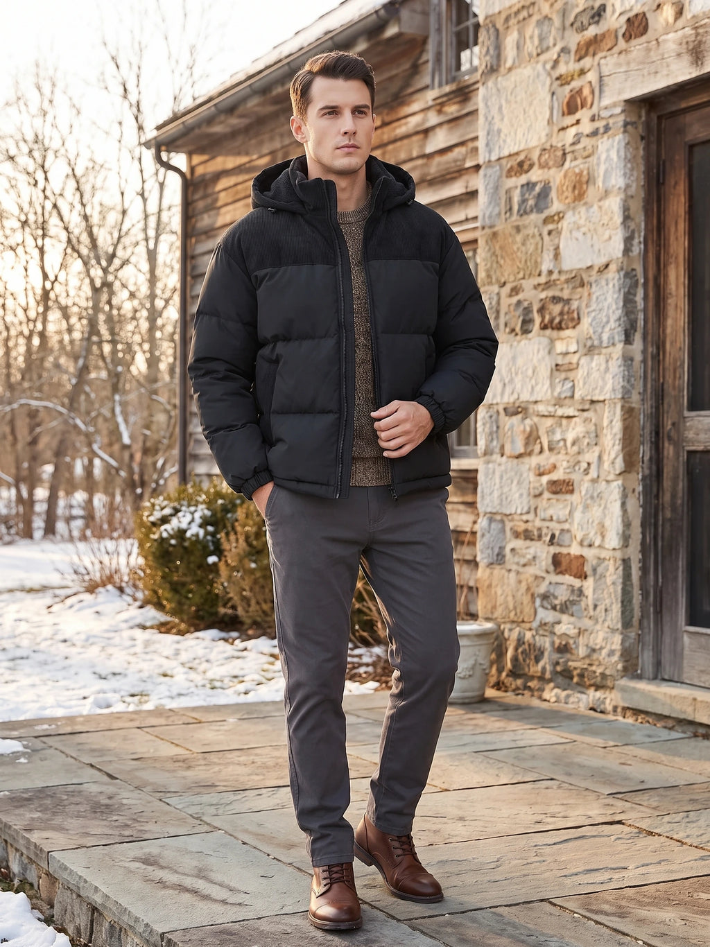Man wearing a Black padded puffer jacket with a hood outside a stone house on a snowy day.
