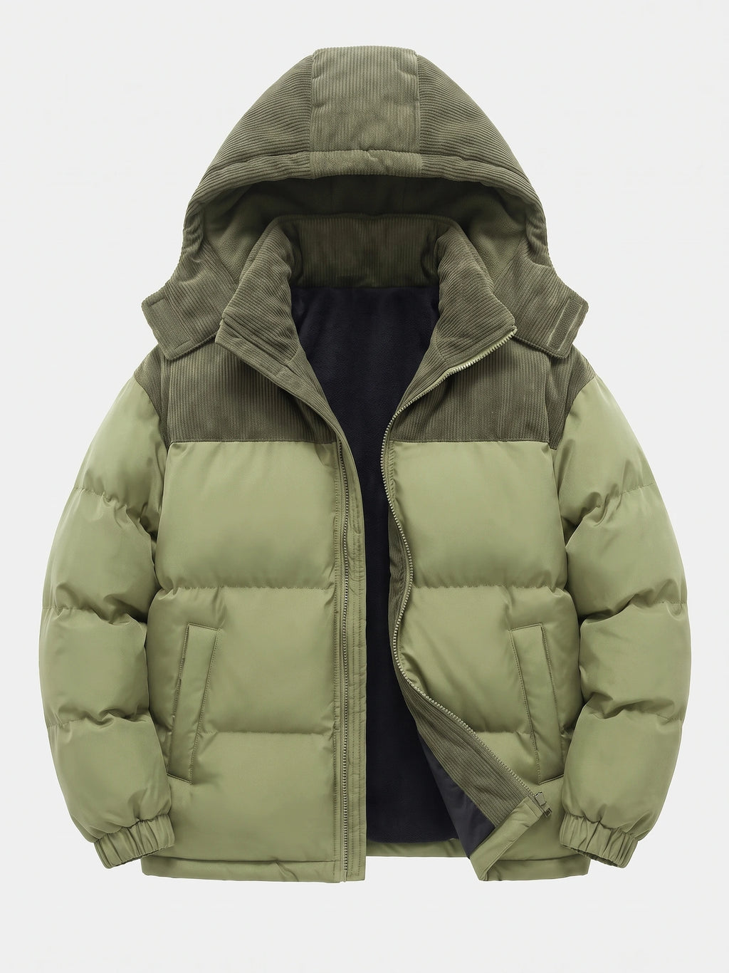 Green padded puffer jacket laid flat with an open front zipper, hood, quilted sleeves, and fleece-lined interior.