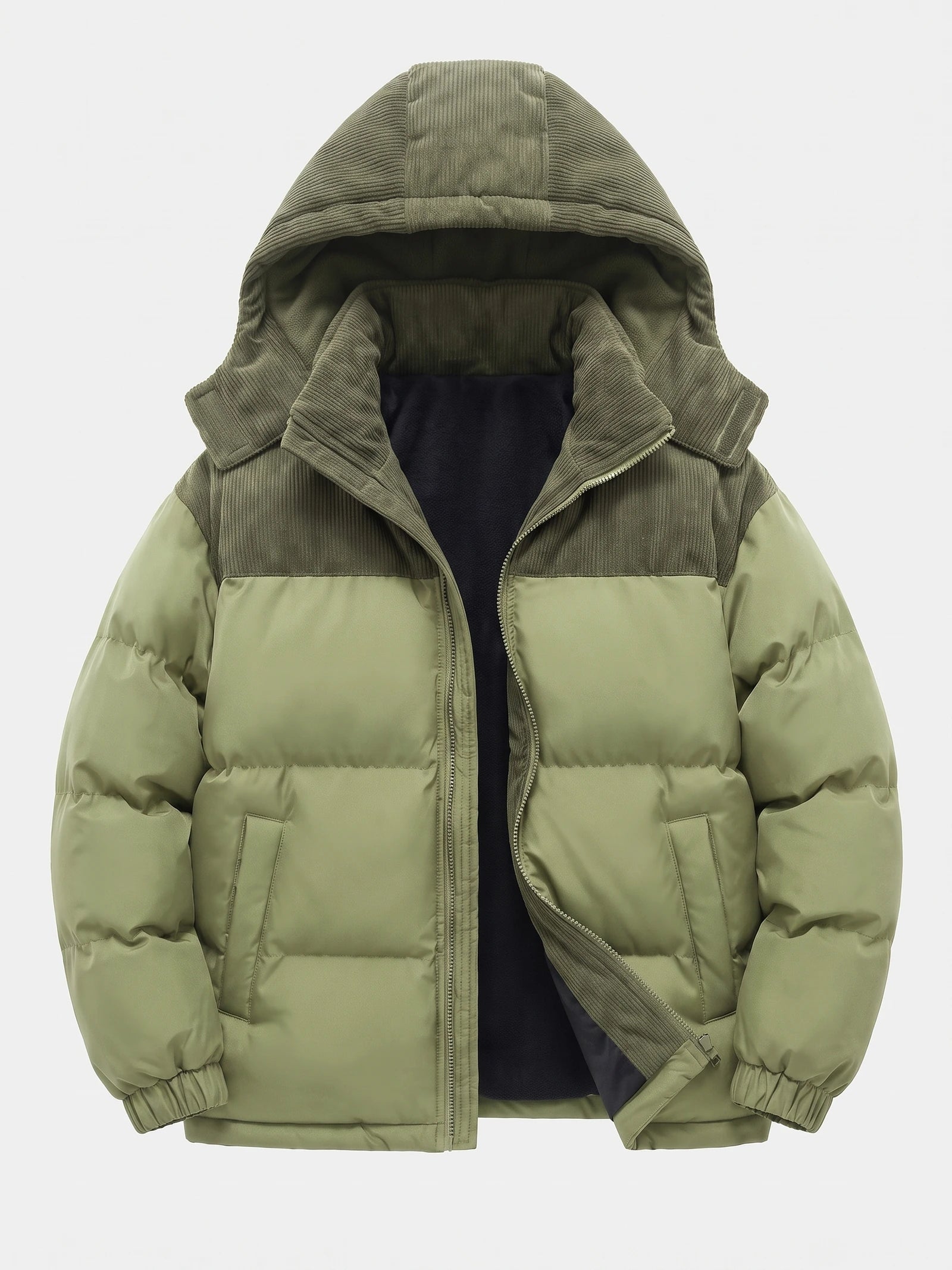 Green padded puffer jacket laid flat with an open front zipper, hood, quilted sleeves, and fleece-lined interior.